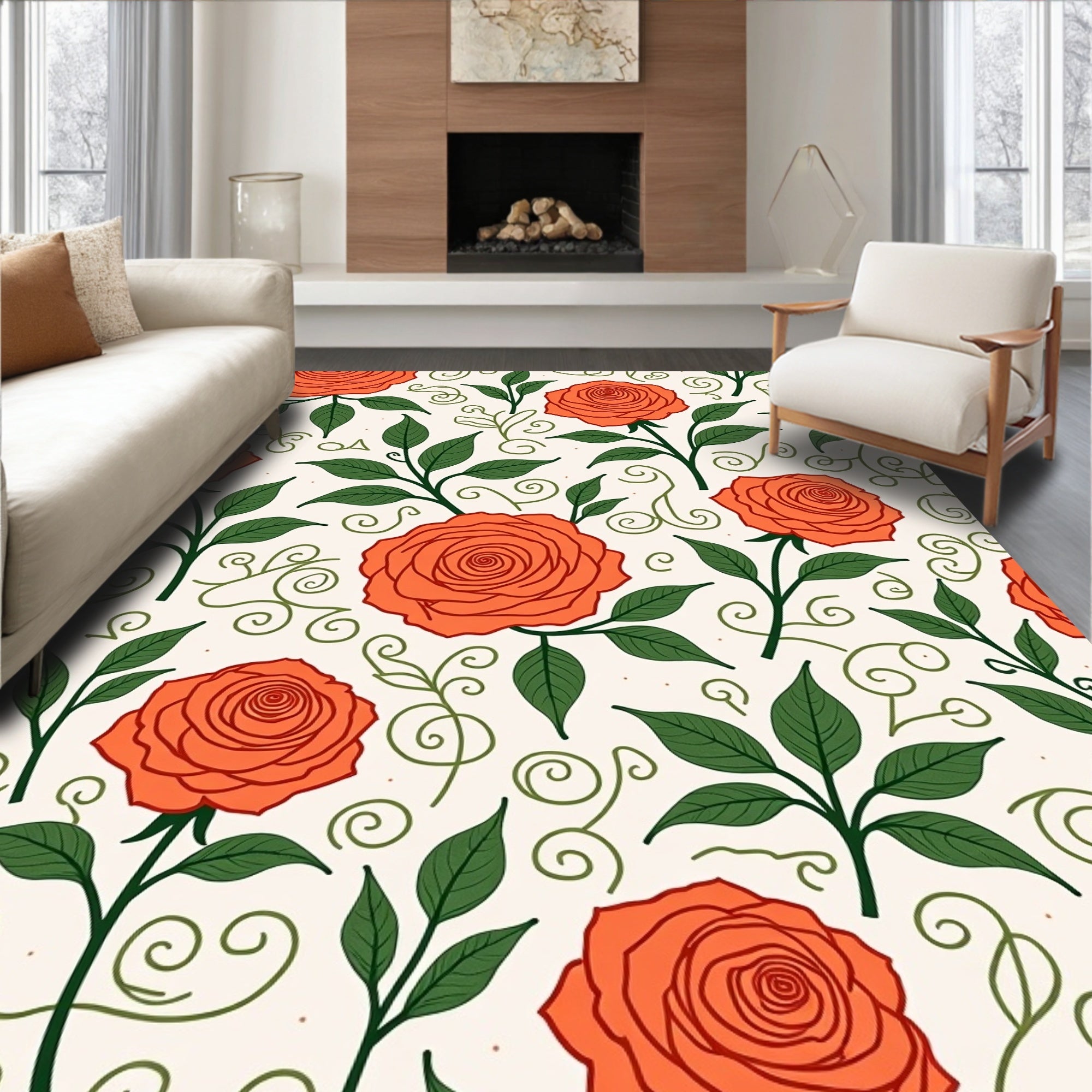 Coral Rose Vine Pattern Rug