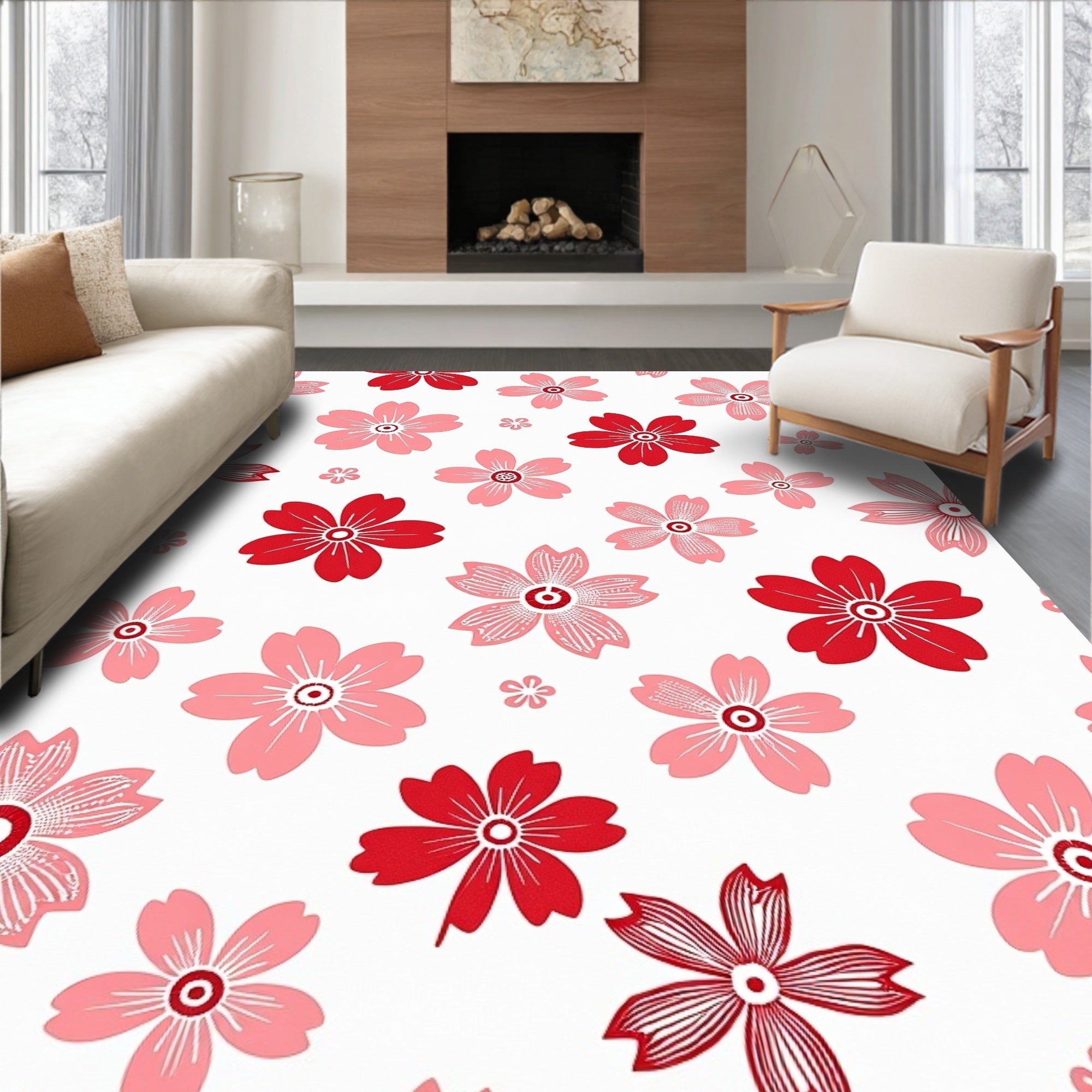 Red Pink Blossom Pattern Rug