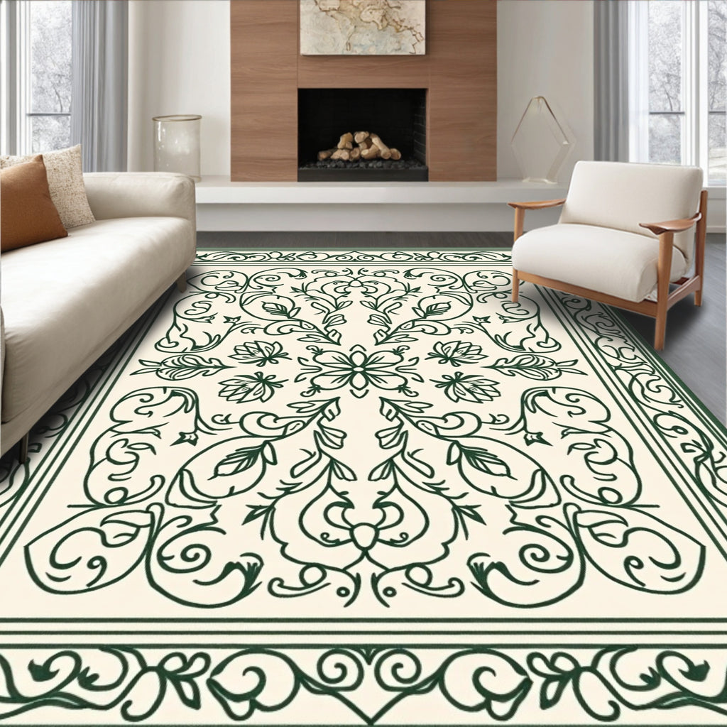 Intricate Dark Green Floral Scroll Pattern Rug