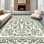 Intricate Dark Green Floral Scroll Pattern Rug