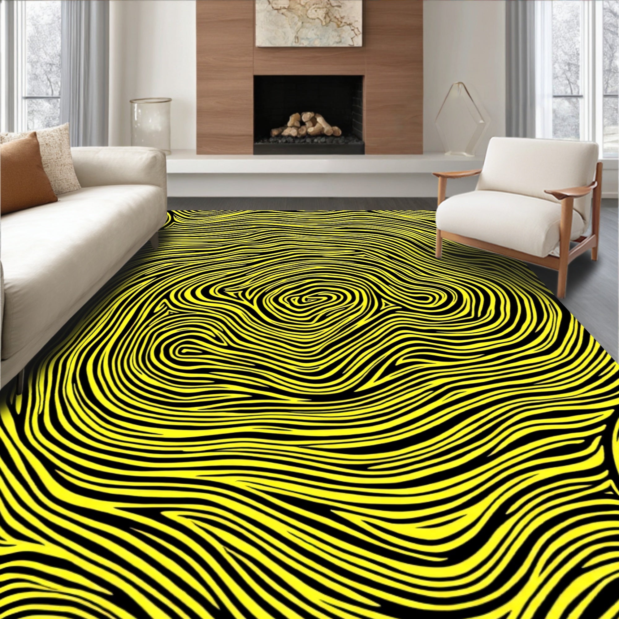 Abstract Yellow Swirl Pattern Rug
