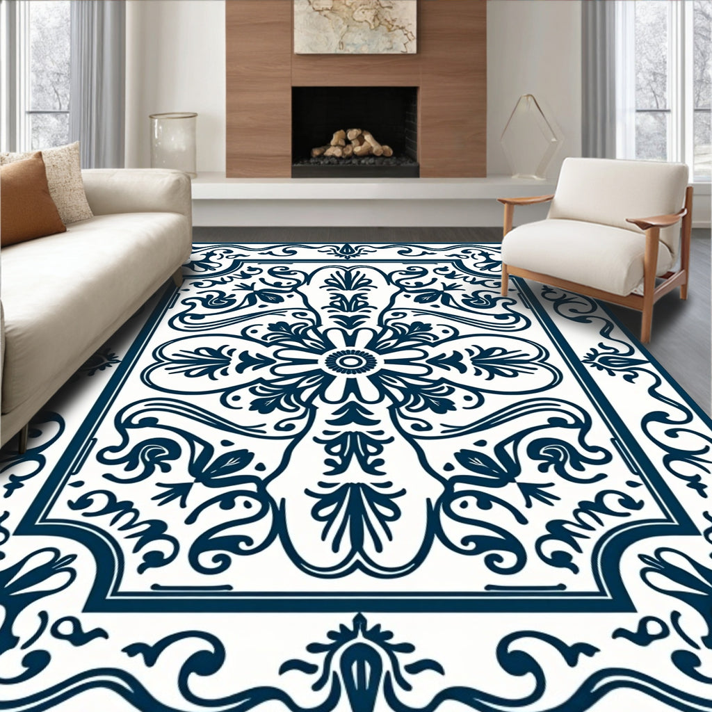 Classic Navy White Floral Pattern Rug