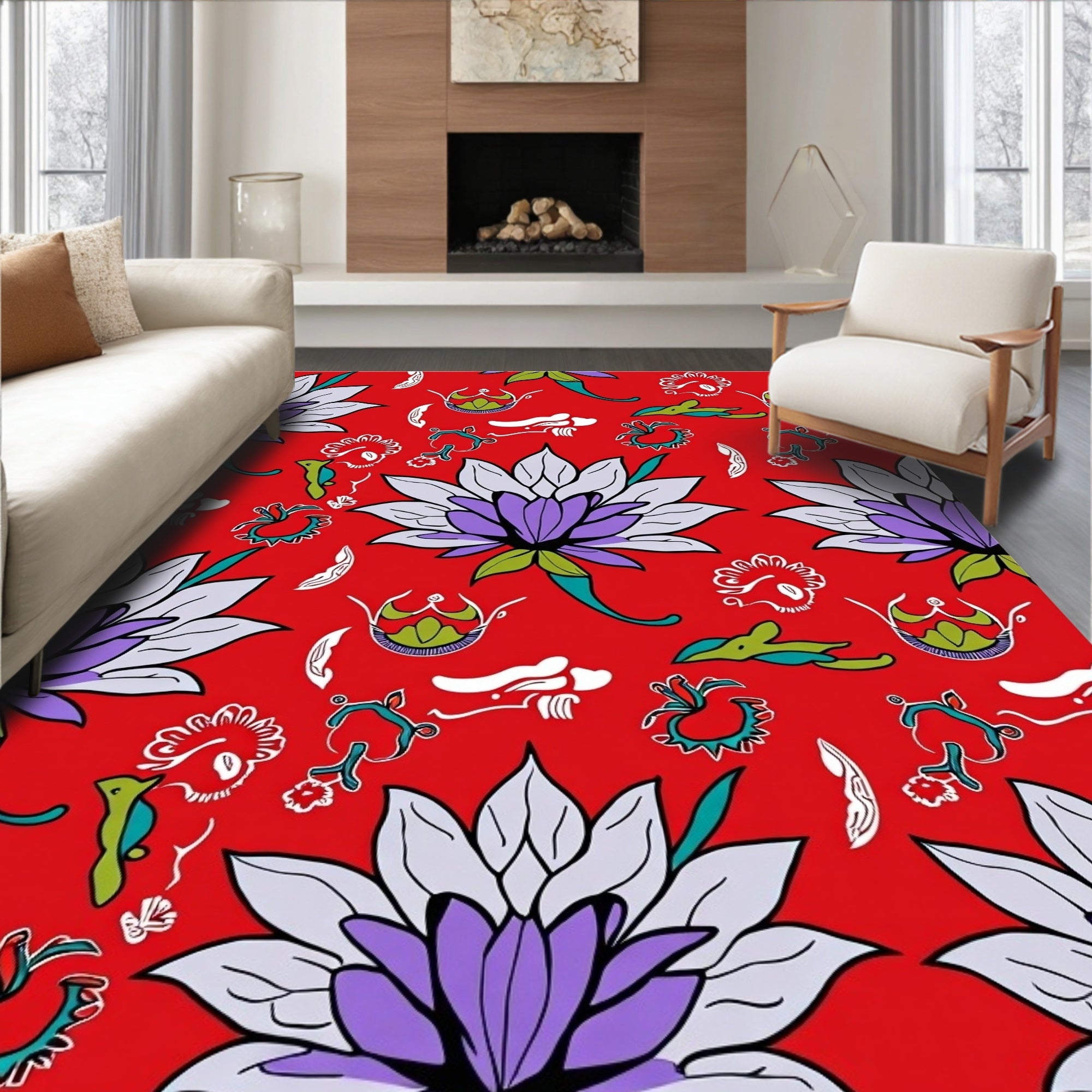 Vibrant Red Floral Pattern Rug