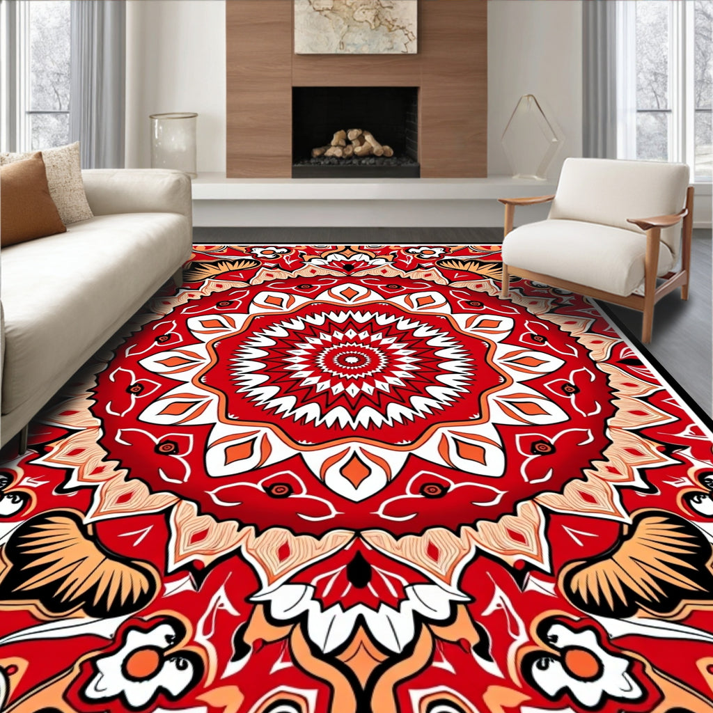 Radiant Red White Mandala Pattern Rug