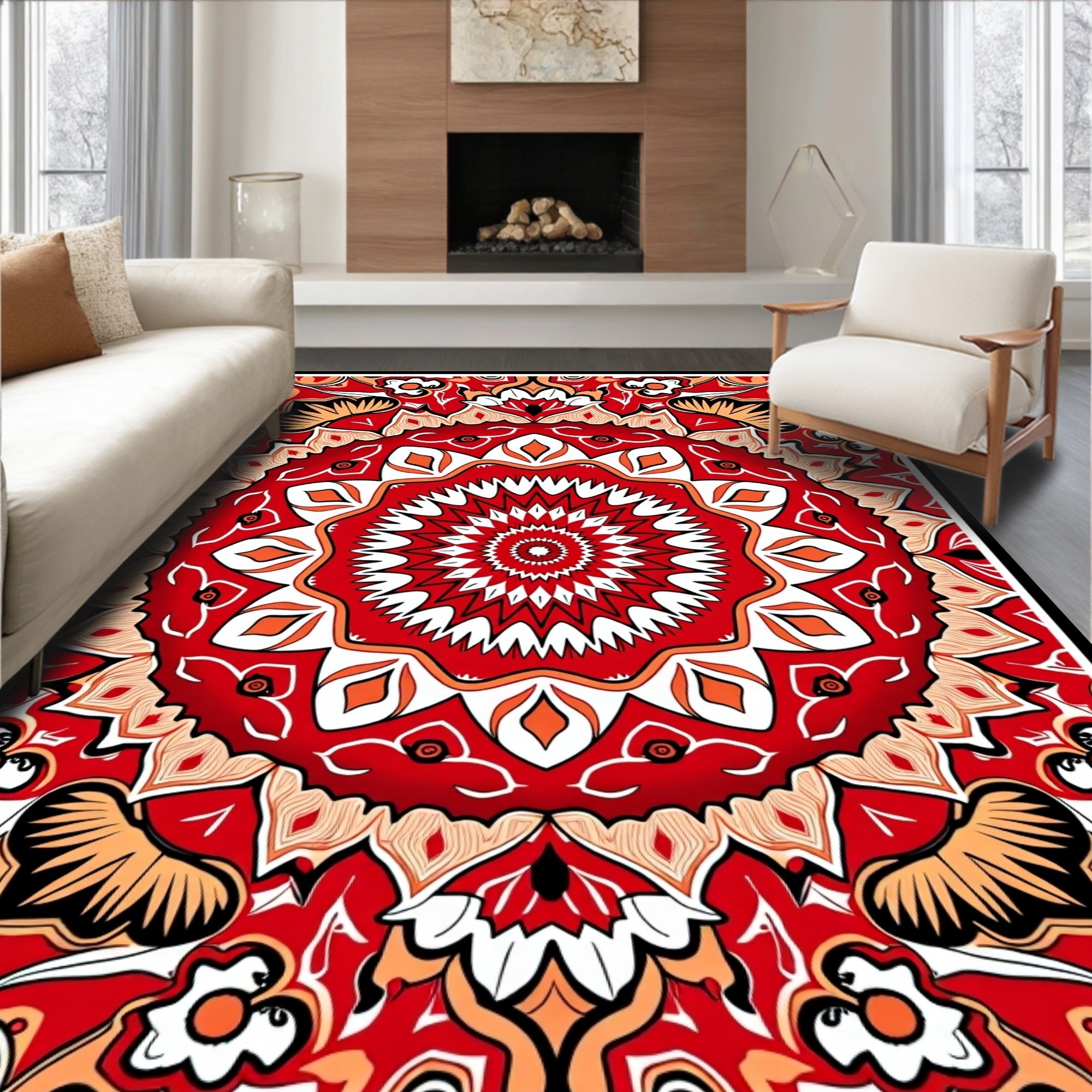 Radiant Red White Mandala Pattern Rug