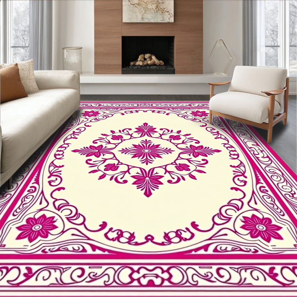 Ornate Floral Pink Ivory Filigree Design Rug
