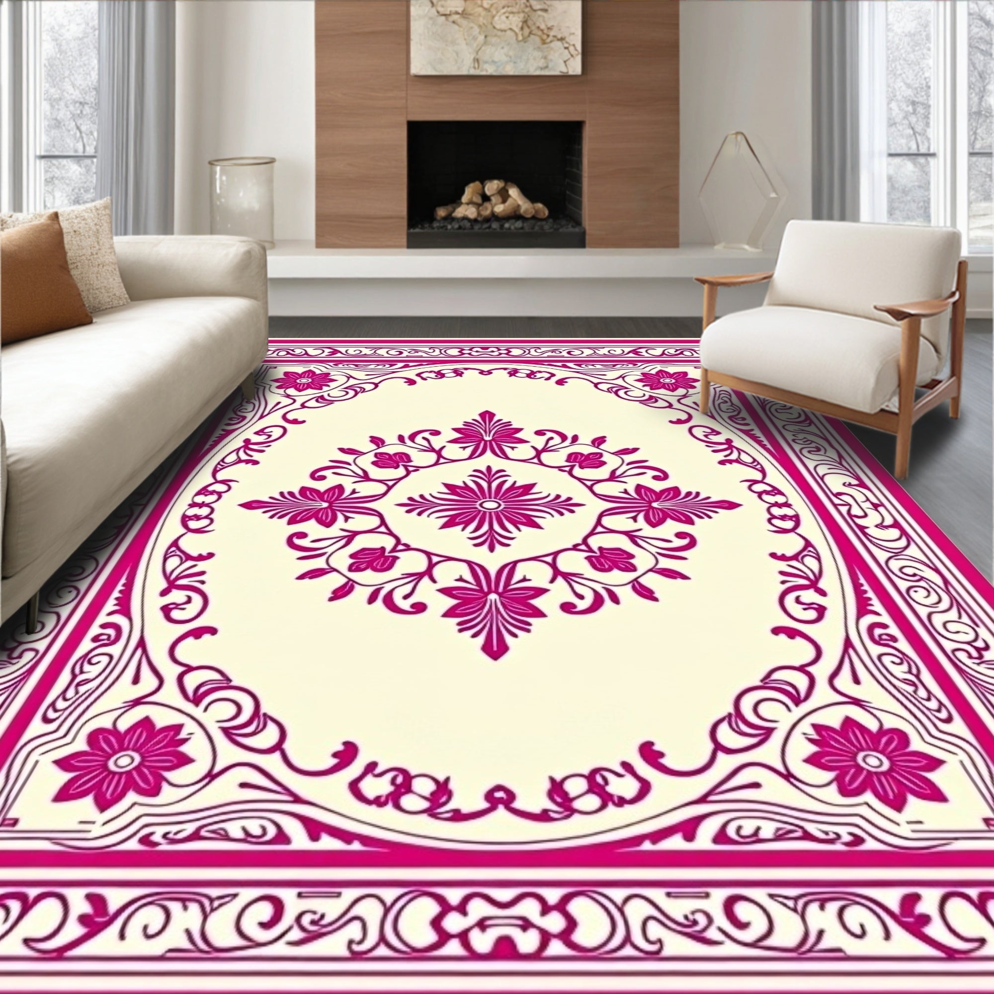 Ornate Floral Pink Ivory Filigree Design Rug