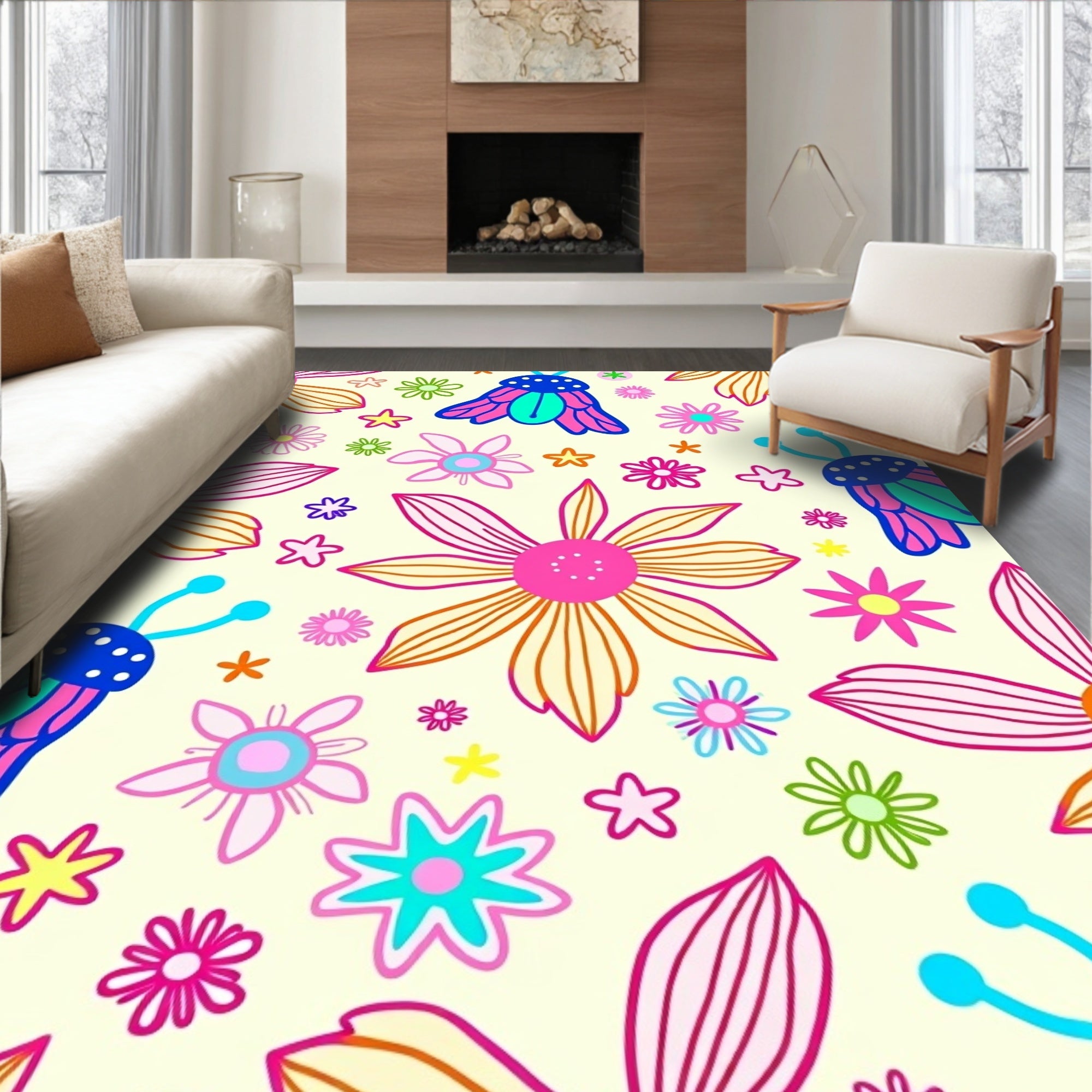Retro Floral Insect Pattern Rug