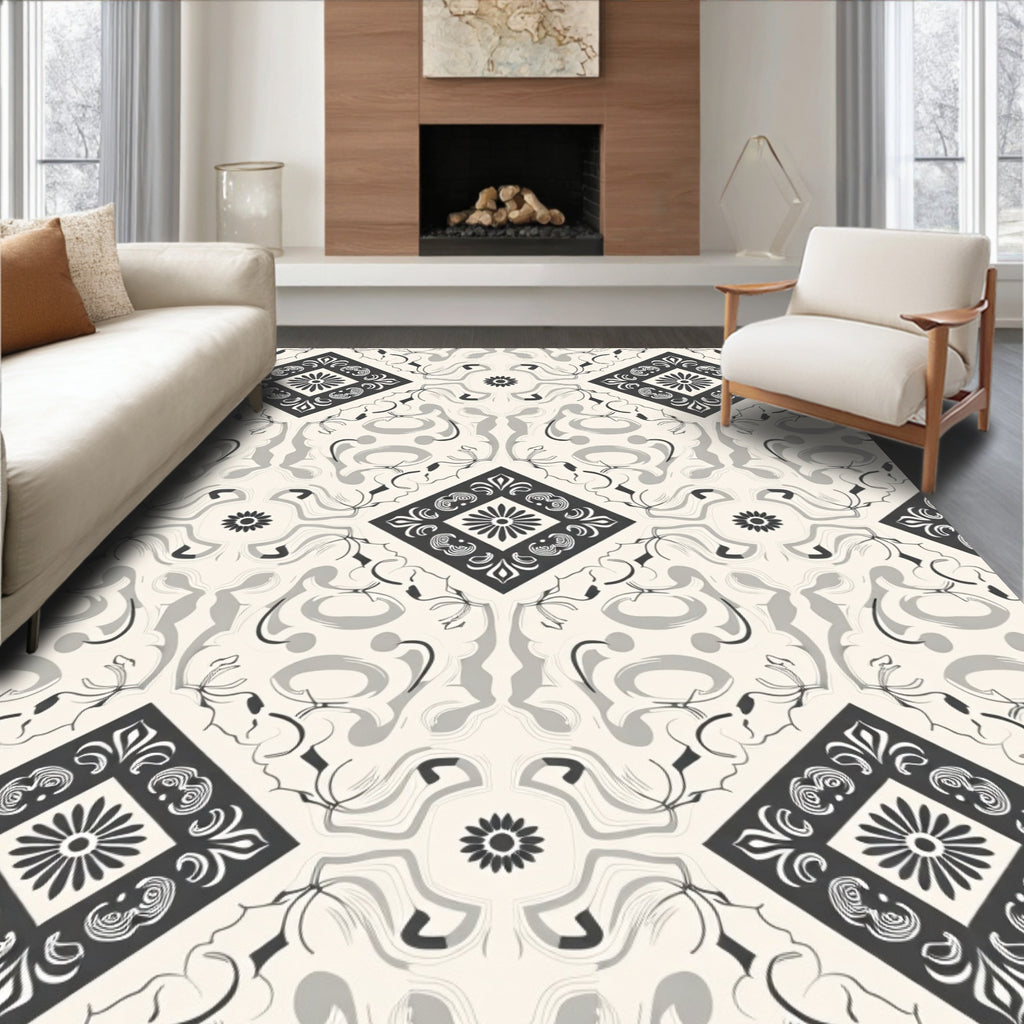 Classic Gray Floral Square Patterned Rug