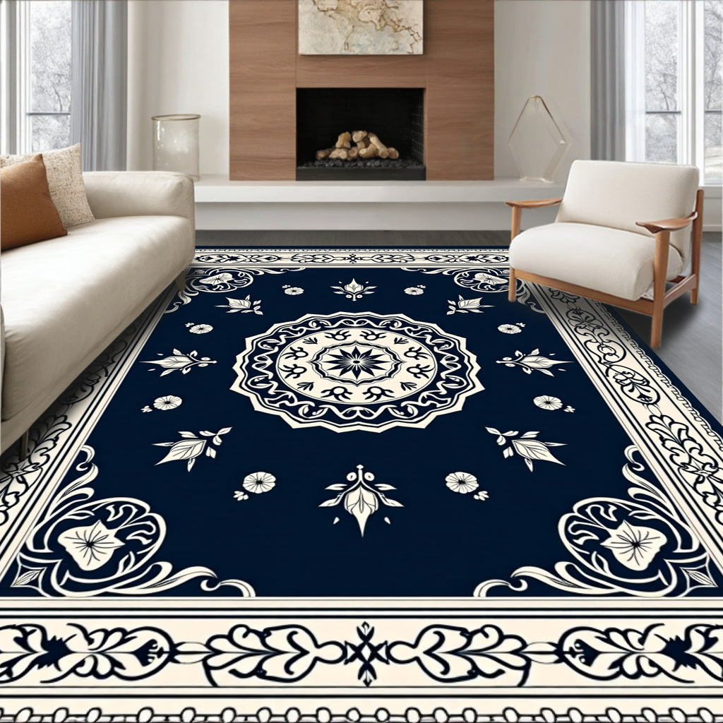 Ornate Blue Floral Mandala Border Rug