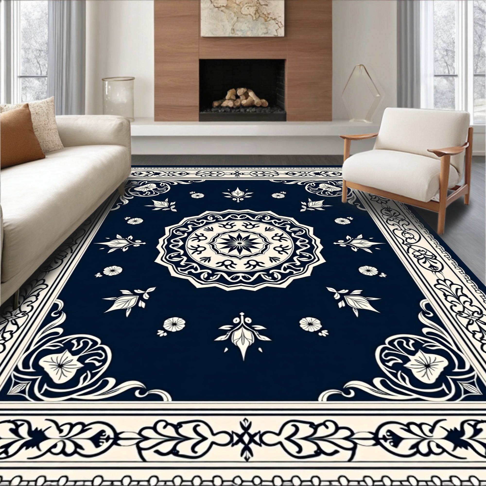 Ornate Blue Floral Mandala Border Rug