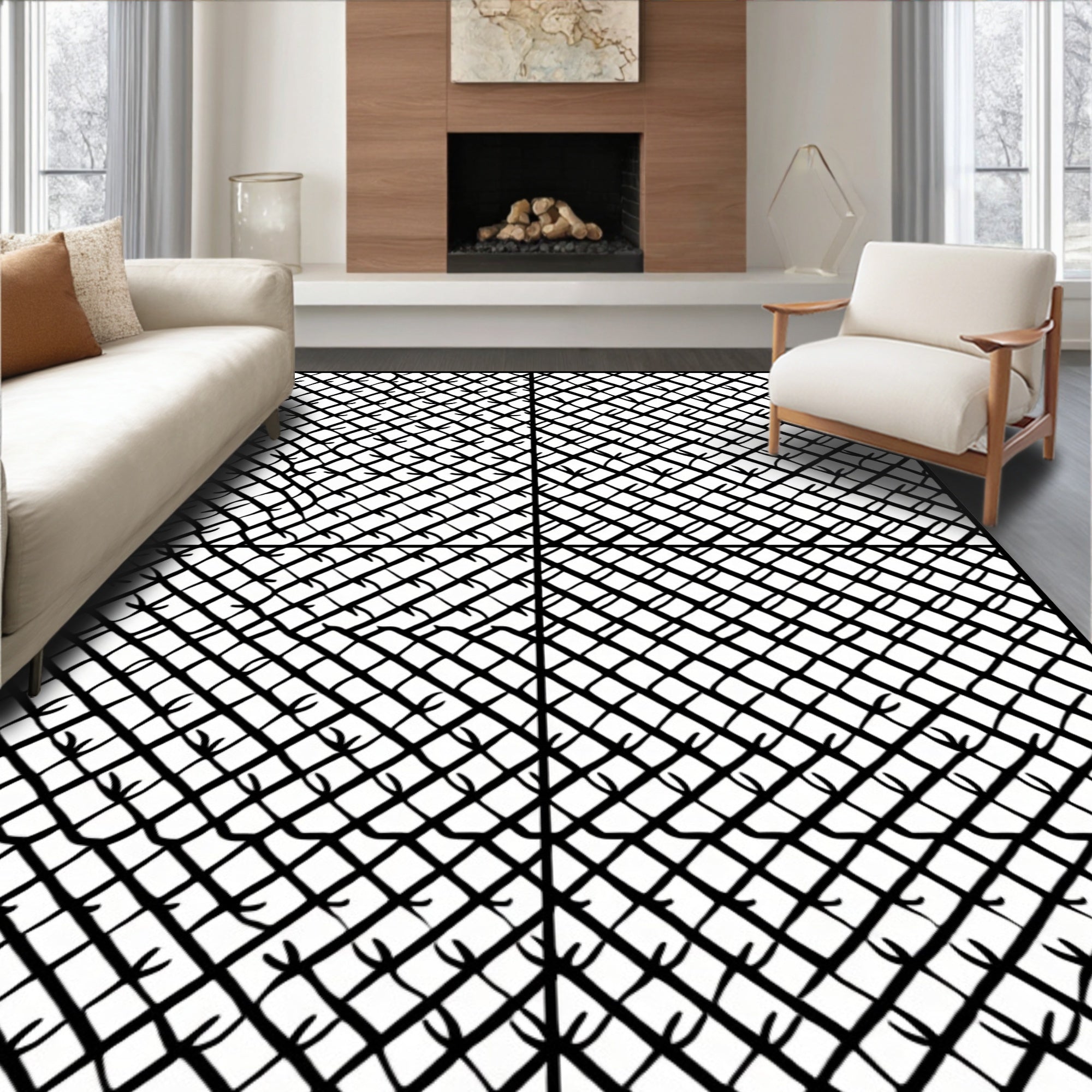 Abstract Intersecting Geometric Grid Pattern Rug