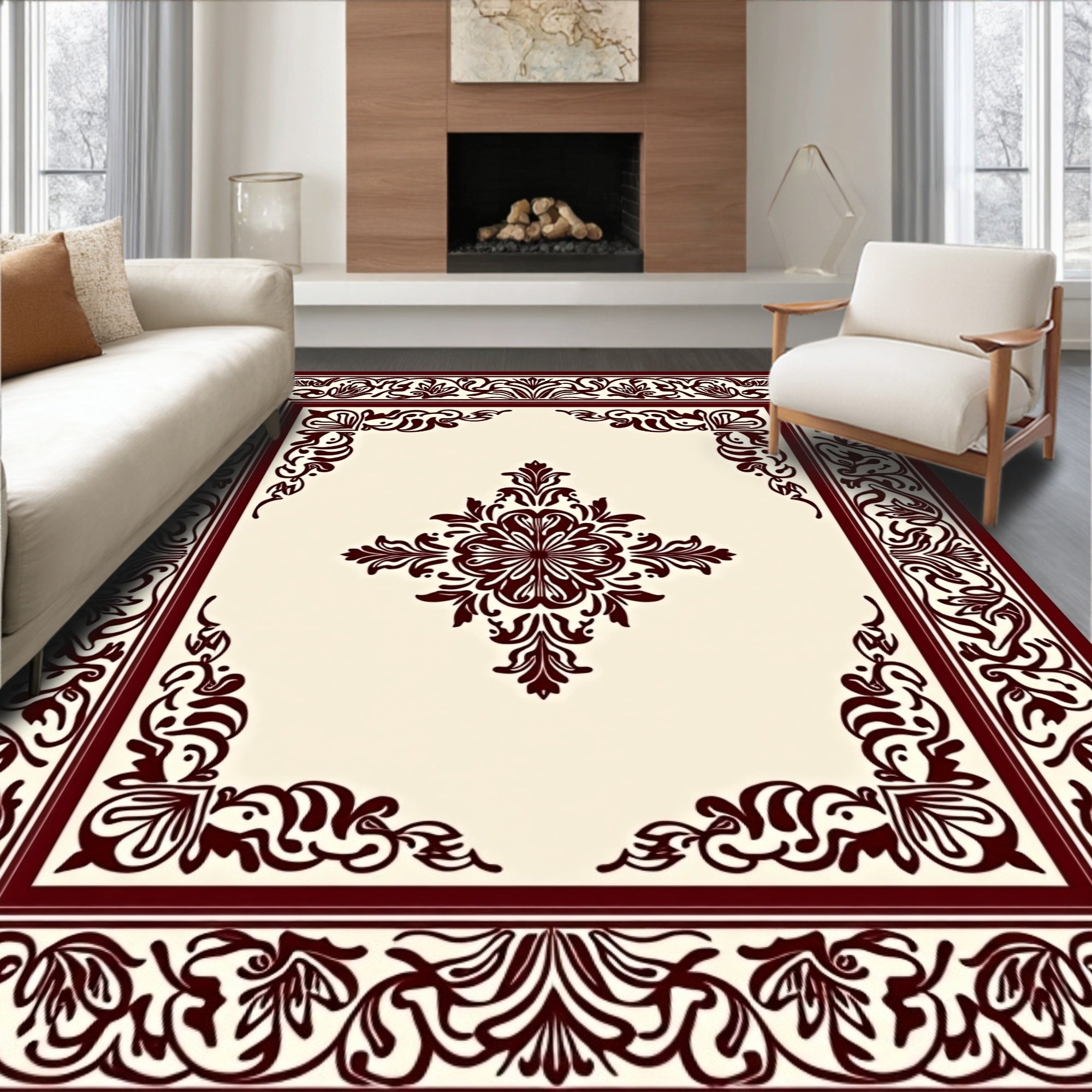 Ornate Floral Medallion Border Design Rug