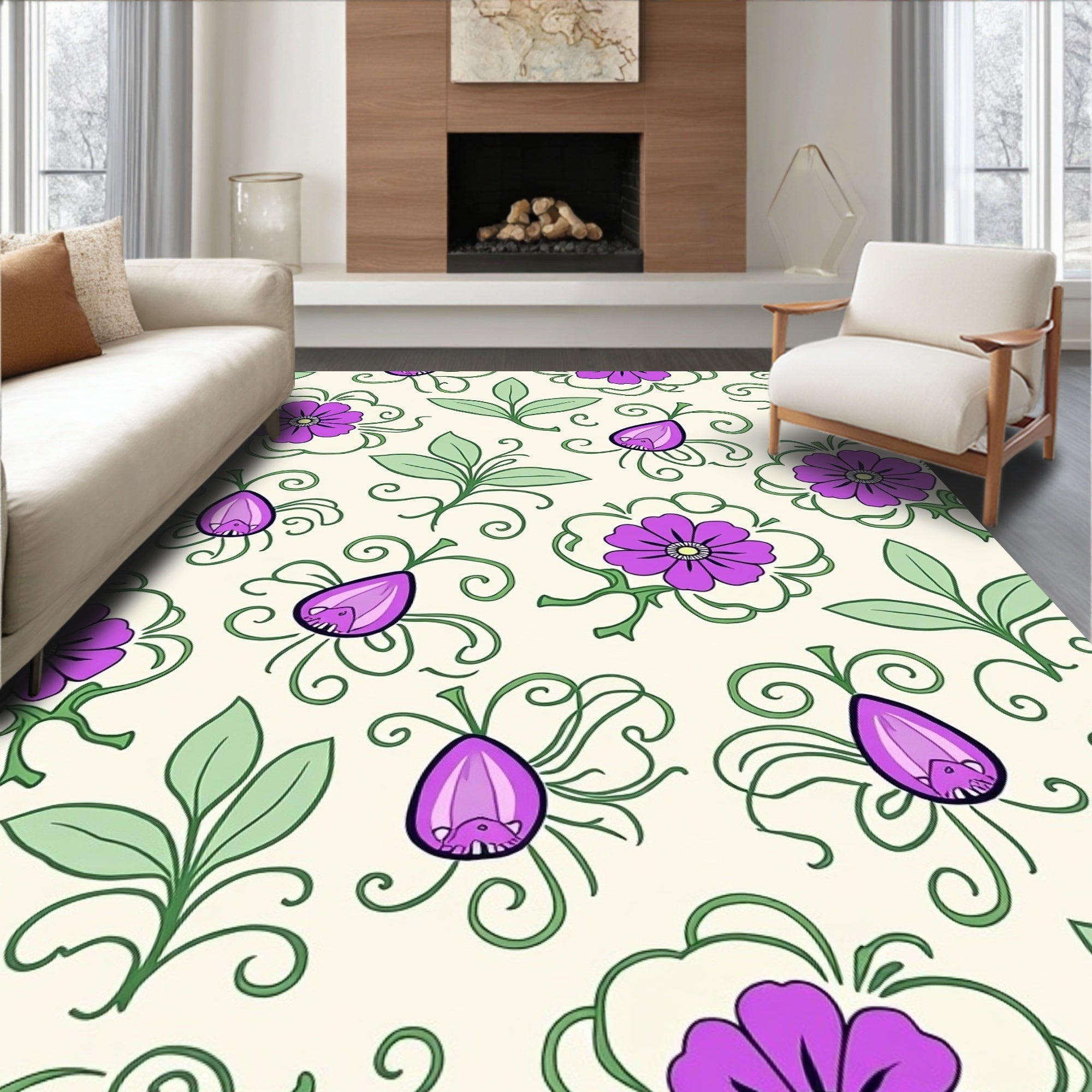 Purple Floral Whimsical Vine Design Rug