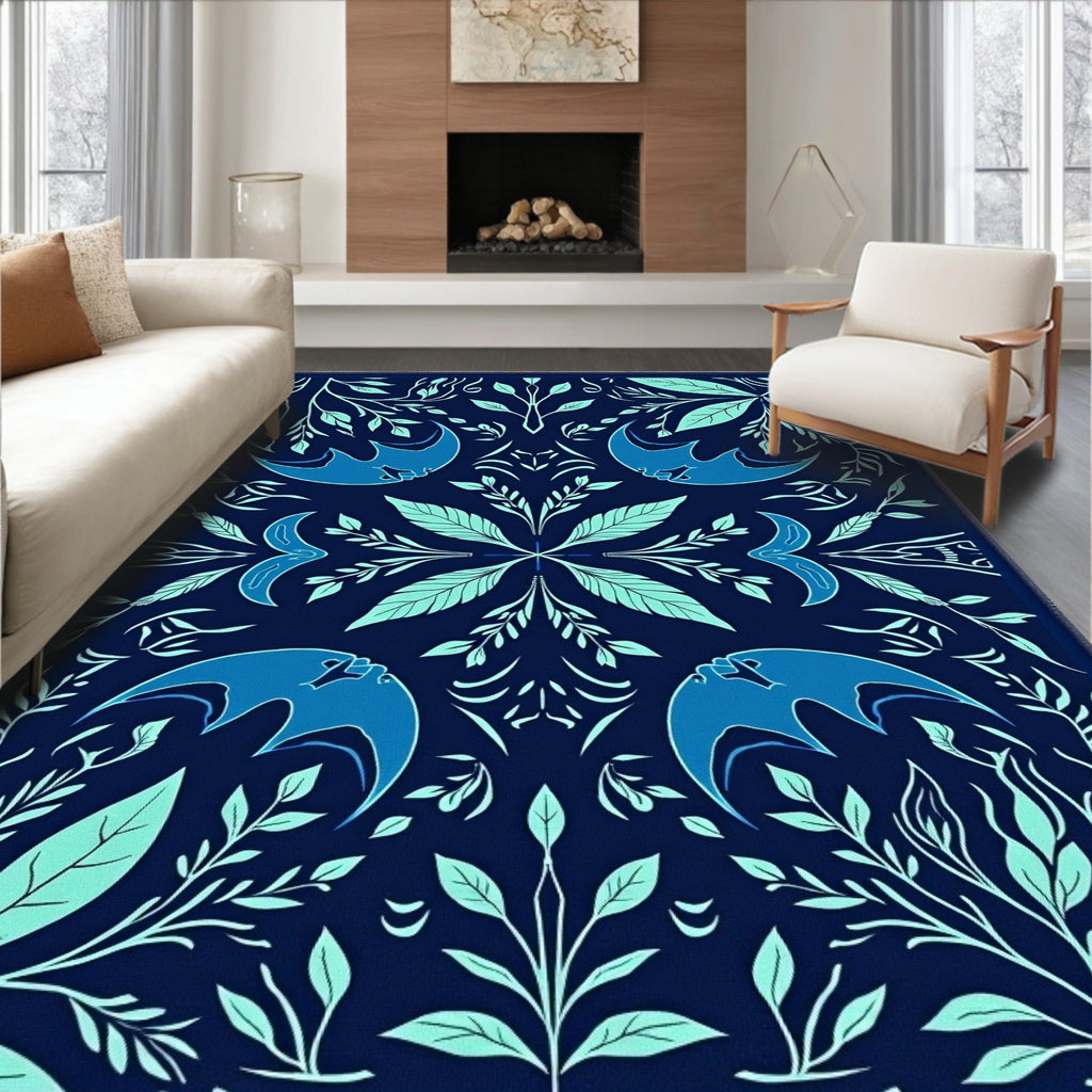 Deep Blue Bird Woodland Rug