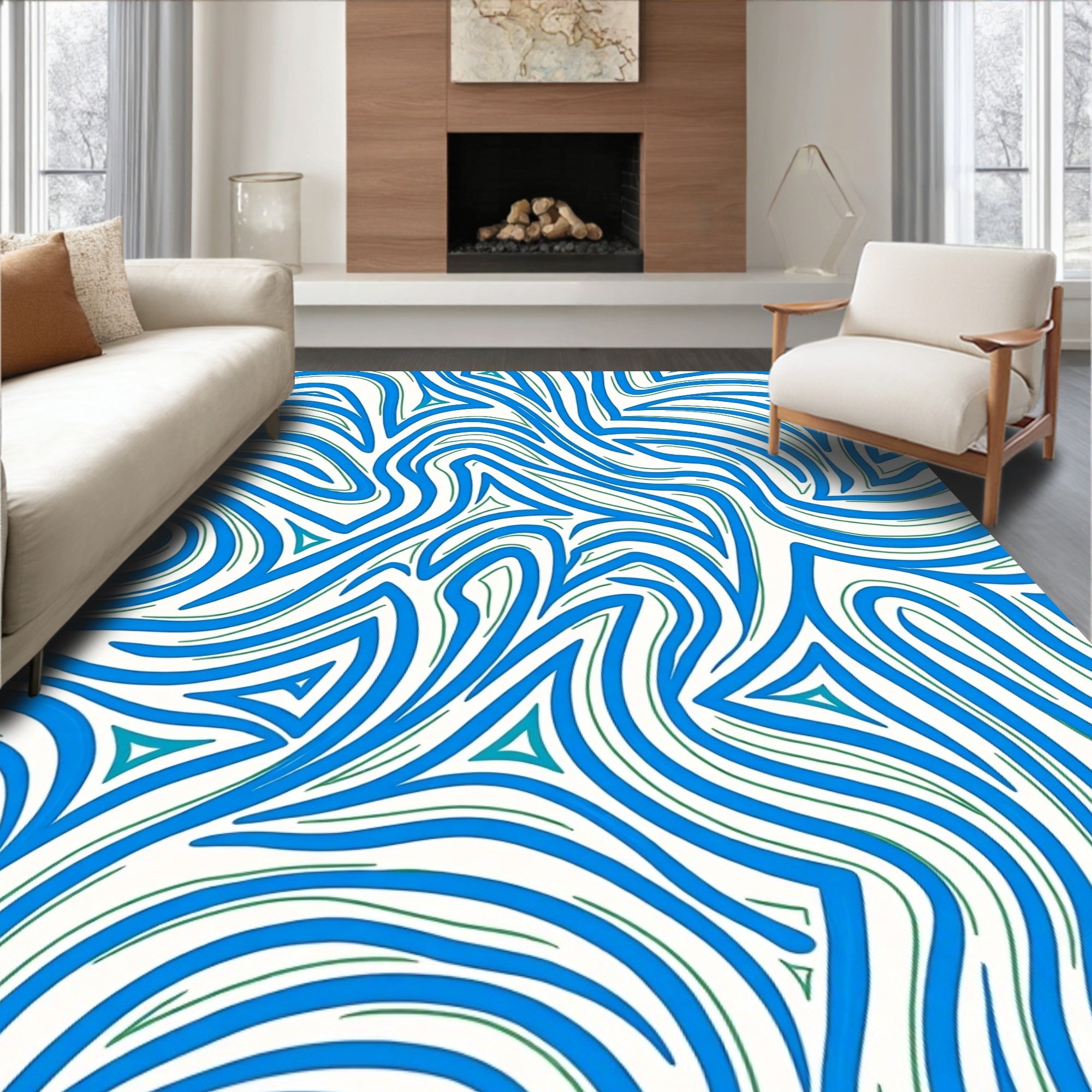 Abstract Blue Green Wavy Swirl Pattern Rug