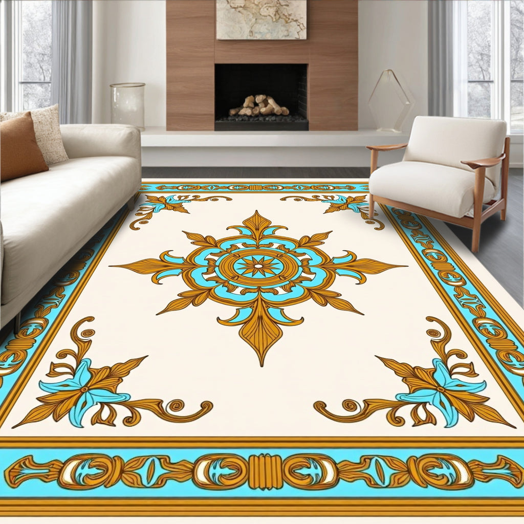 Ornate Aqua Gold Floral Centerpiece Rug