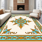 Ornate Aqua Gold Floral Centerpiece Rug