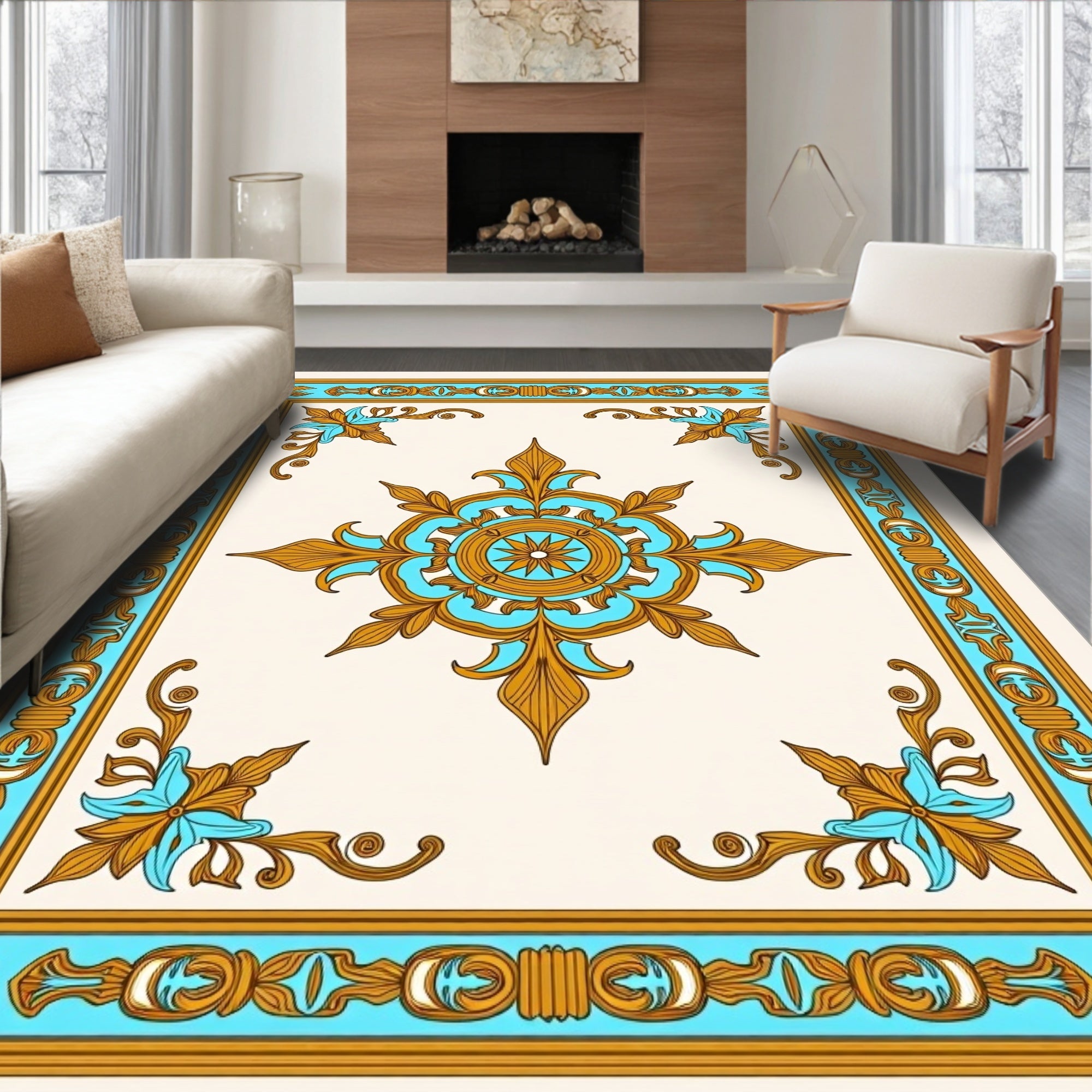 Ornate Aqua Gold Floral Centerpiece Rug