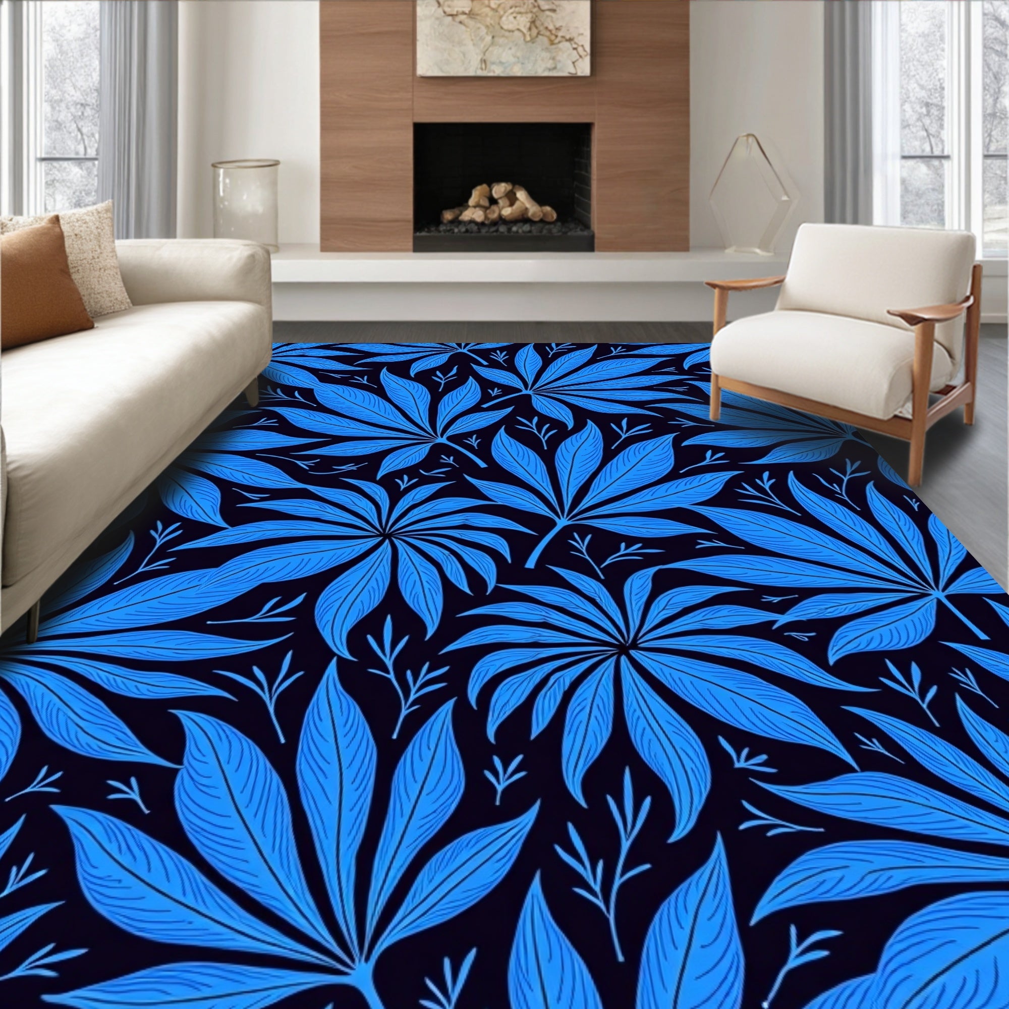 Bold Blue Leafy Pattern Rug