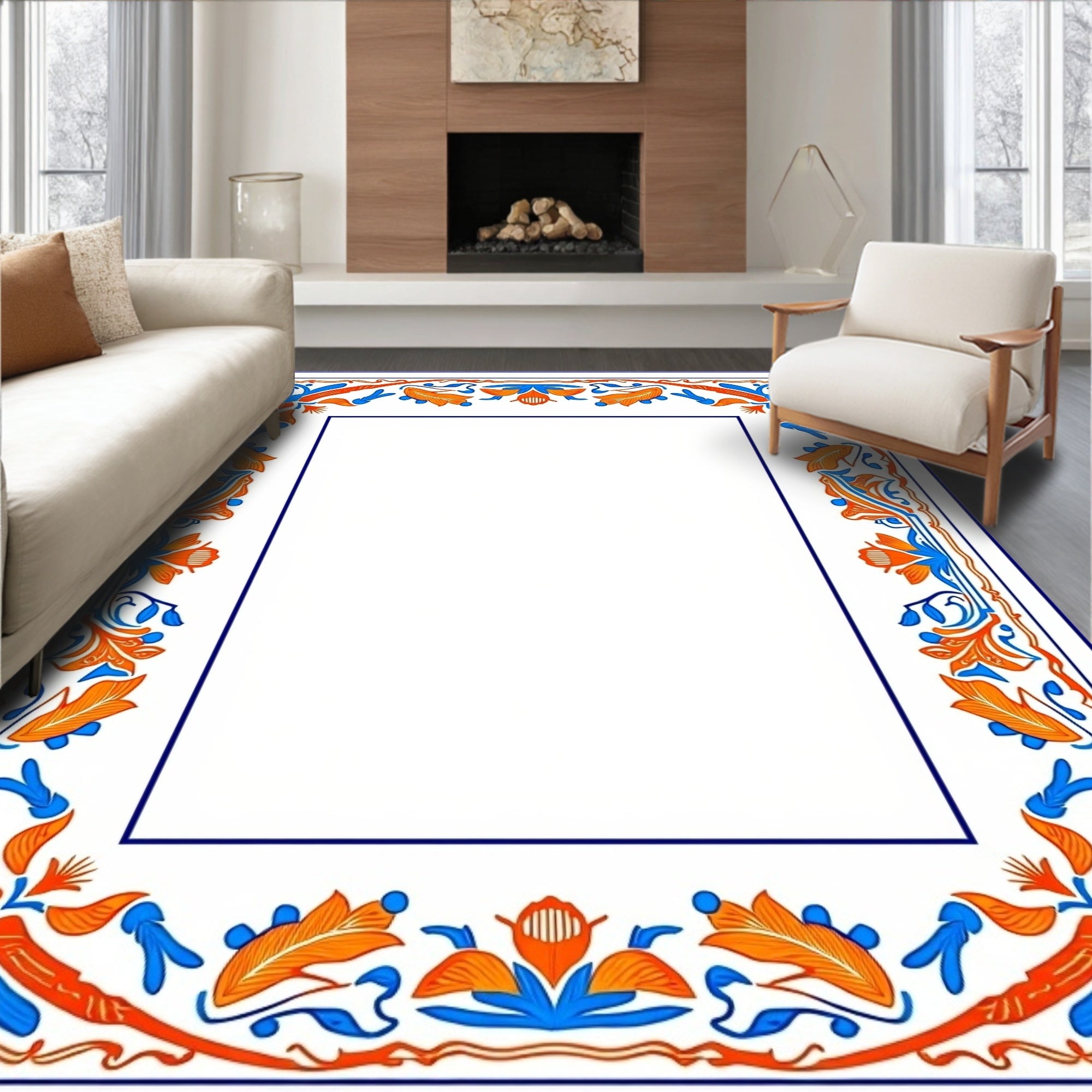 Classic Floral Border With Orange Accents Rug
