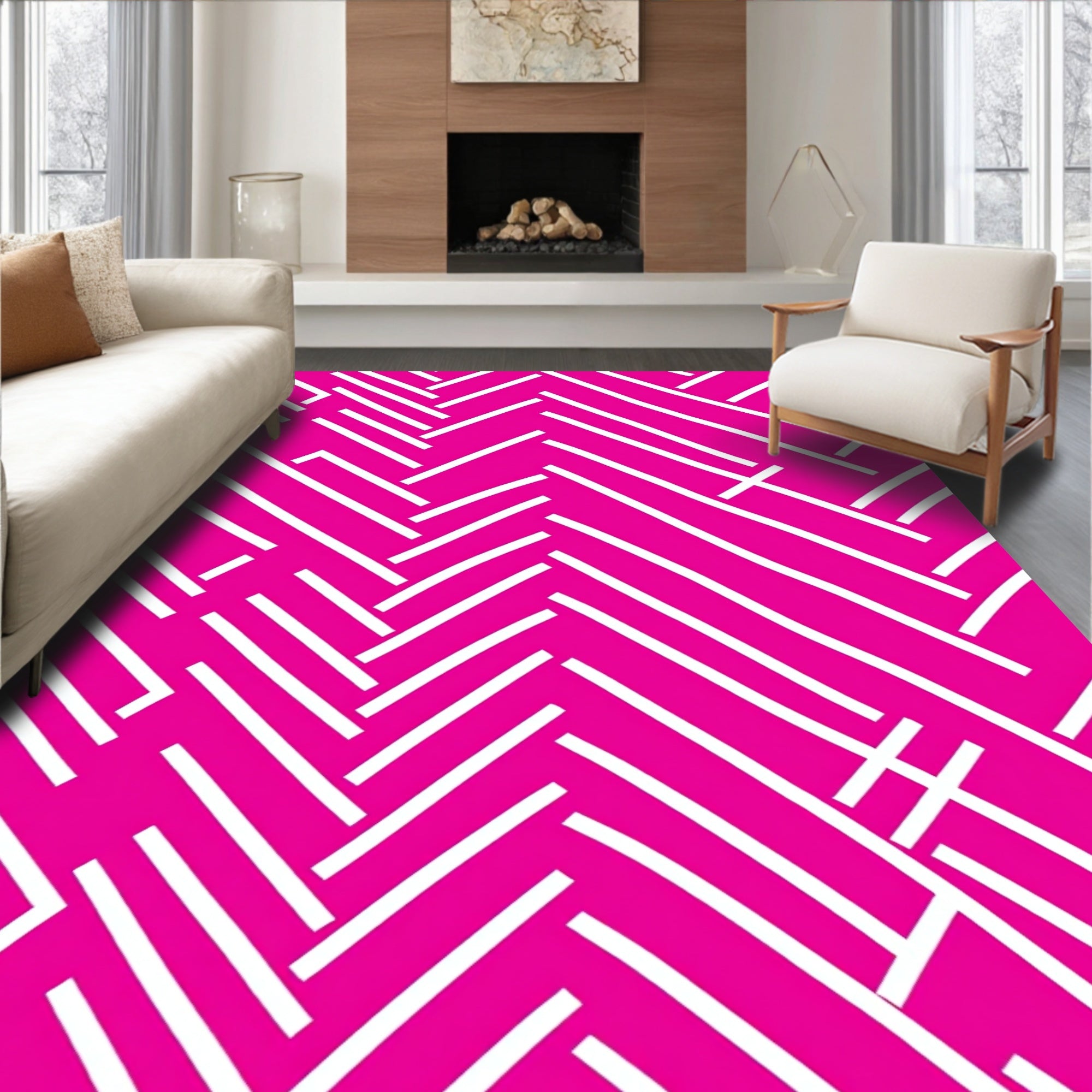 Pink White Dynamic Lines Pattern Rug