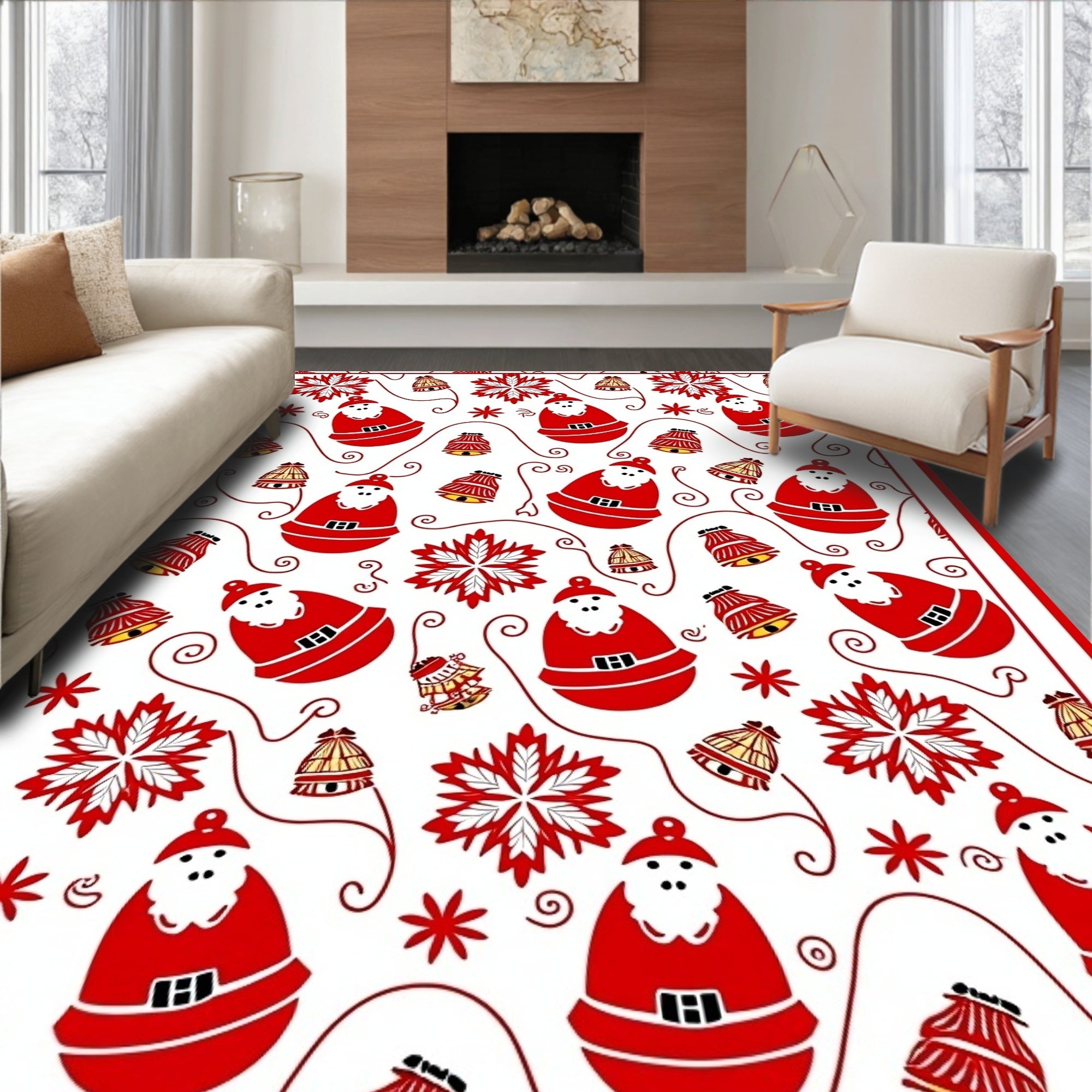 Red Santa Claus Bells Festive Snowflakes Rug