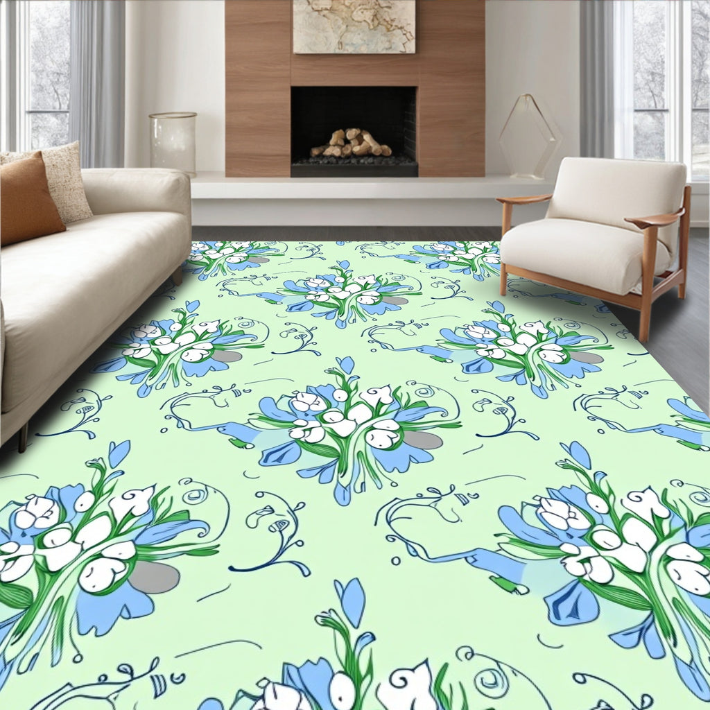 Light Blue Floral Sketch Pattern Rug