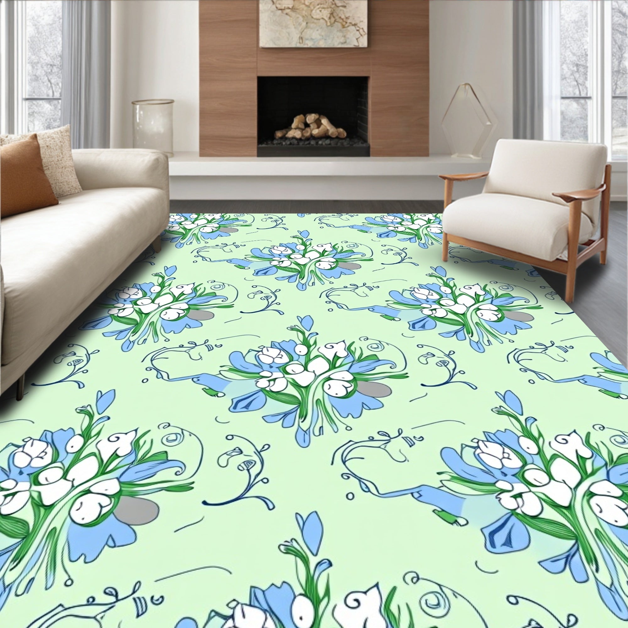 Light Blue Floral Sketch Pattern Rug