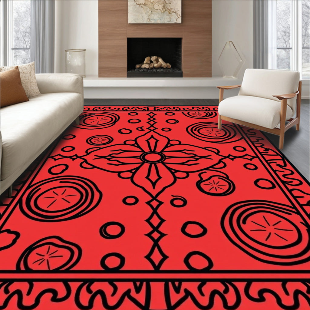 Bold Red Black Floral Dot Design Rug