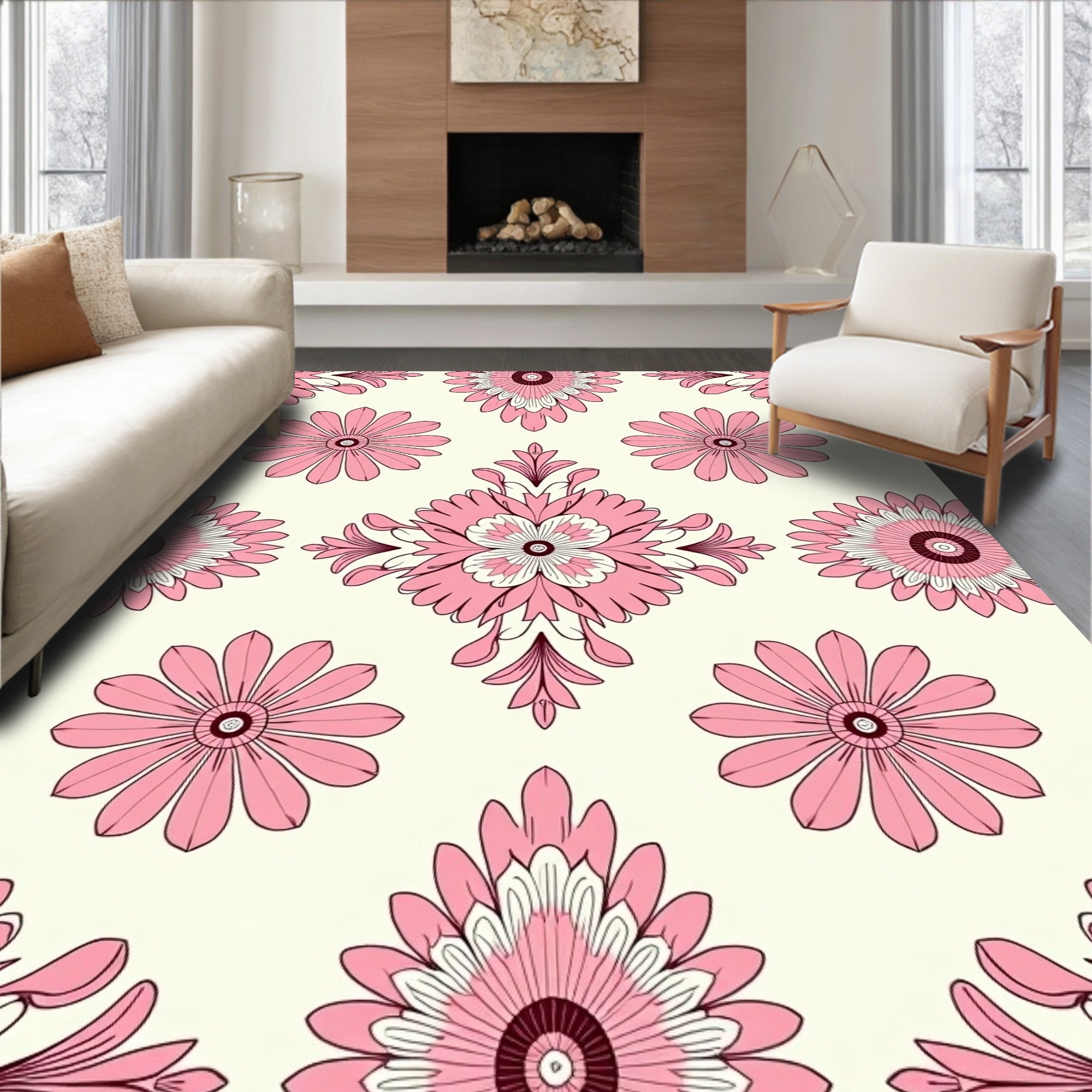 Pink Floral Symmetry Pattern Rug