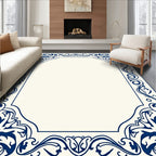Ornate Blue Floral Scroll Border Design Rug