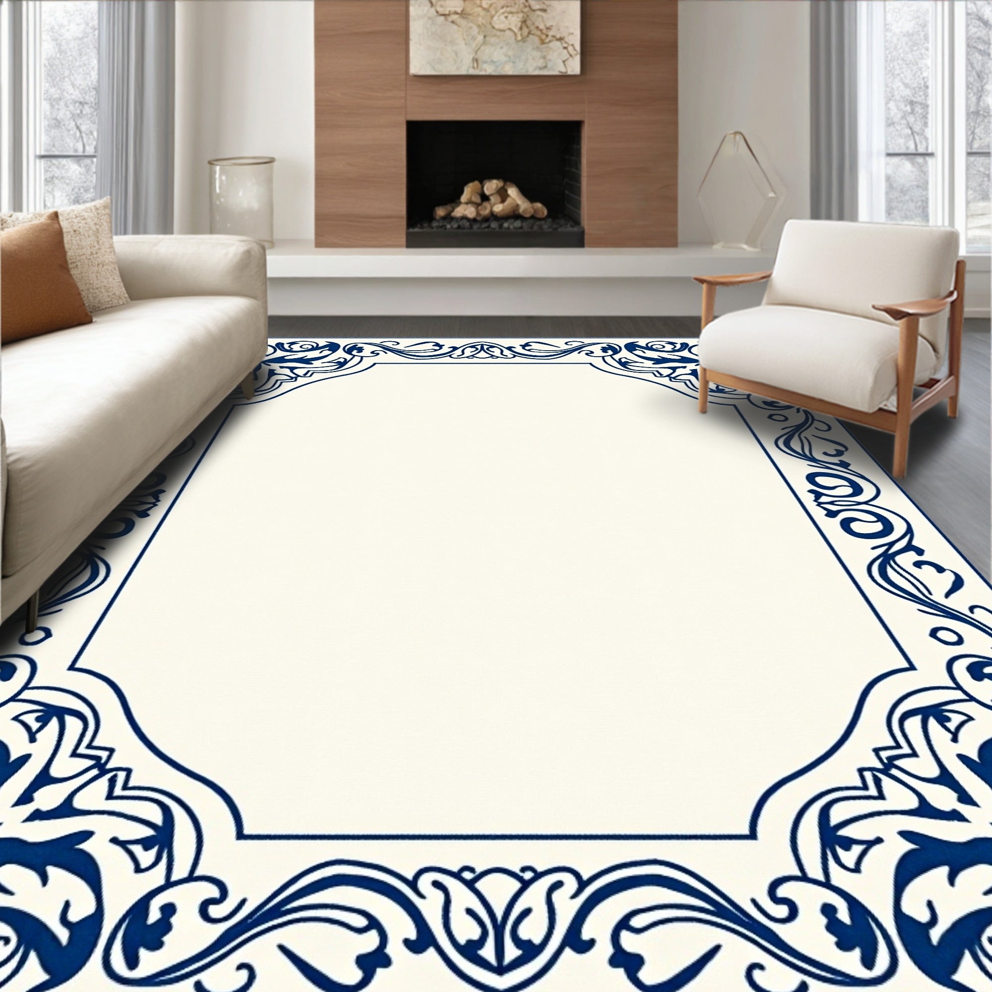 Ornate Blue Floral Scroll Border Design Rug
