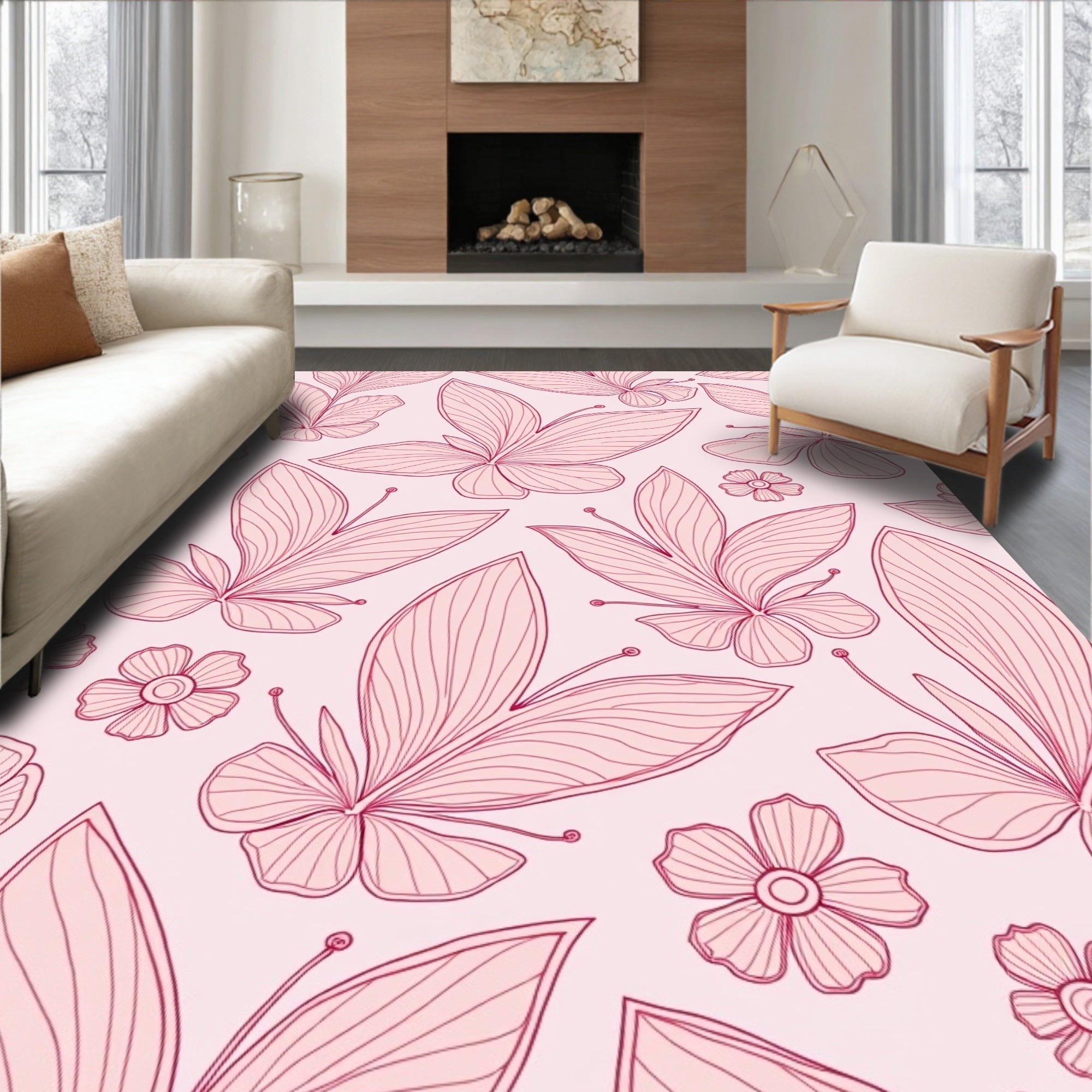 Delicate Butterflies Floral Line Art Design Rug