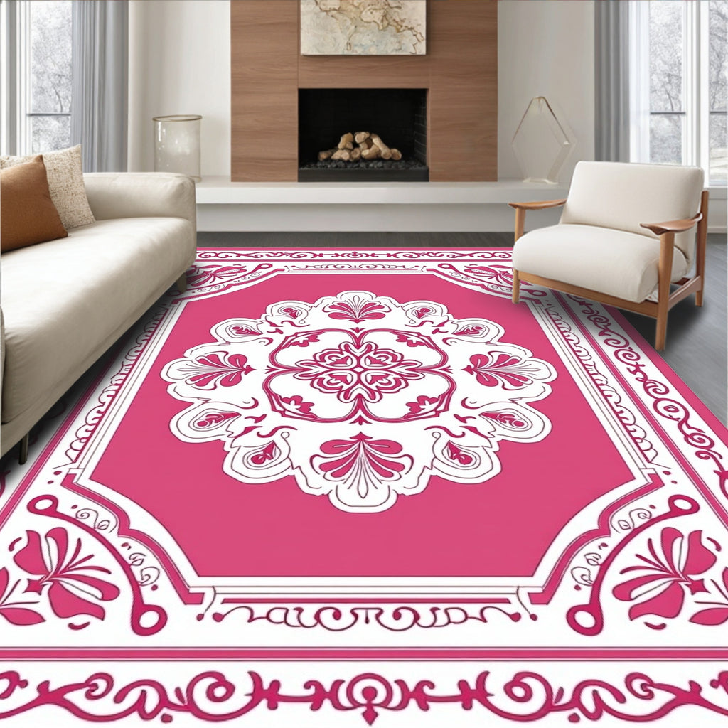 Elegant Pink Floral Medallion Border Rug