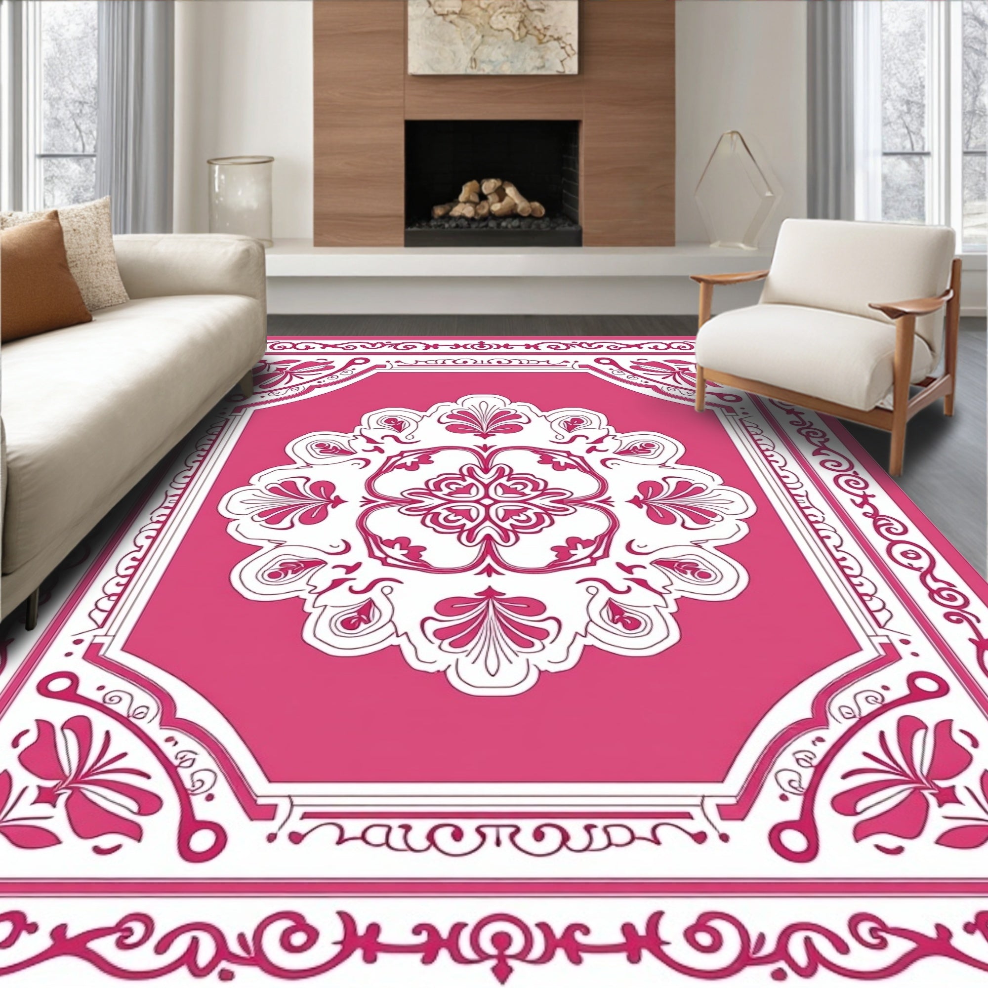 Elegant Pink Floral Medallion Border Rug