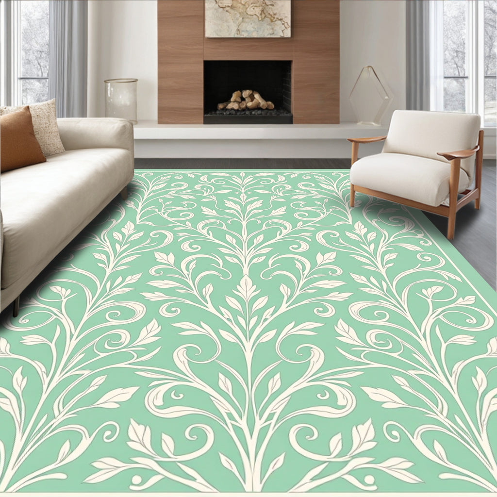 Mint Green Floral Scrollwork Pattern Rug