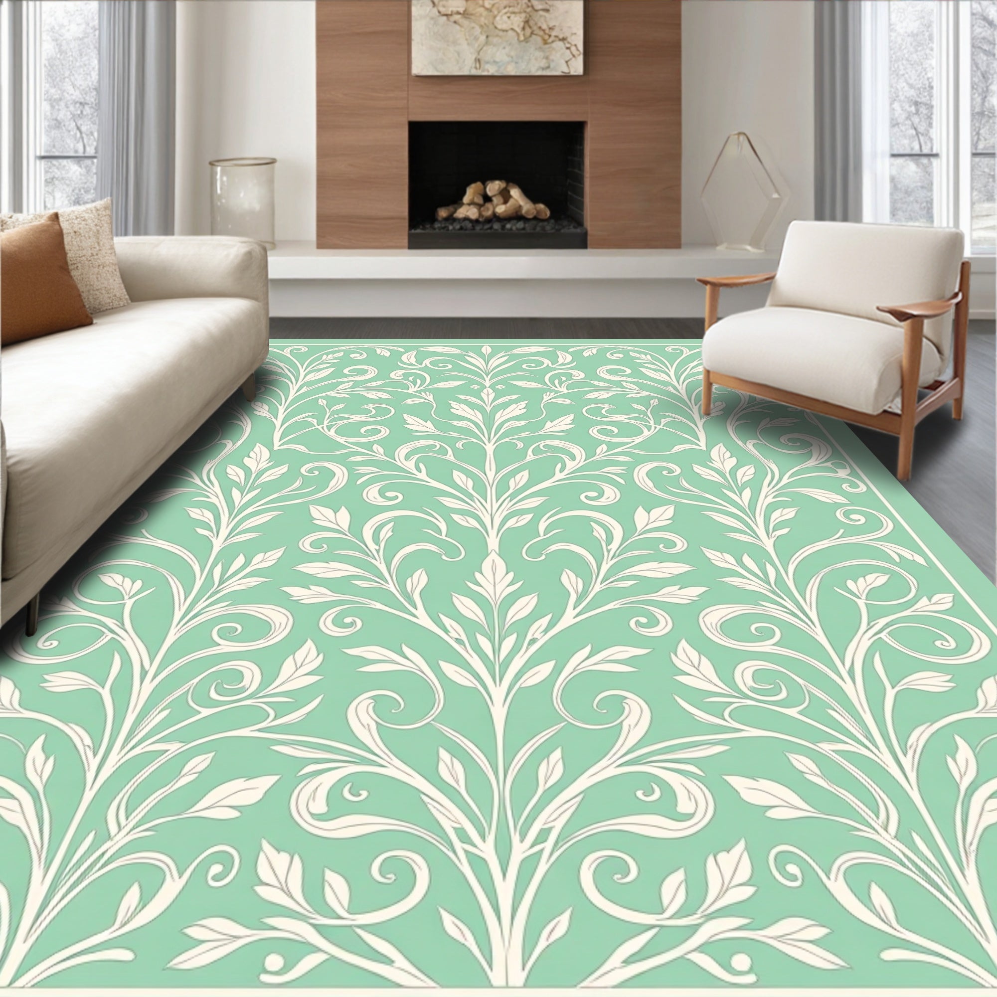 Mint Green Floral Scrollwork Pattern Rug