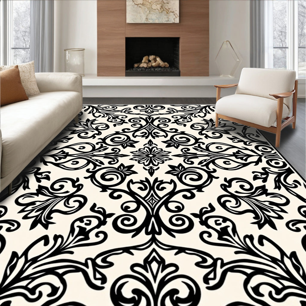 Intricate Black Floral Scroll Pattern Rug