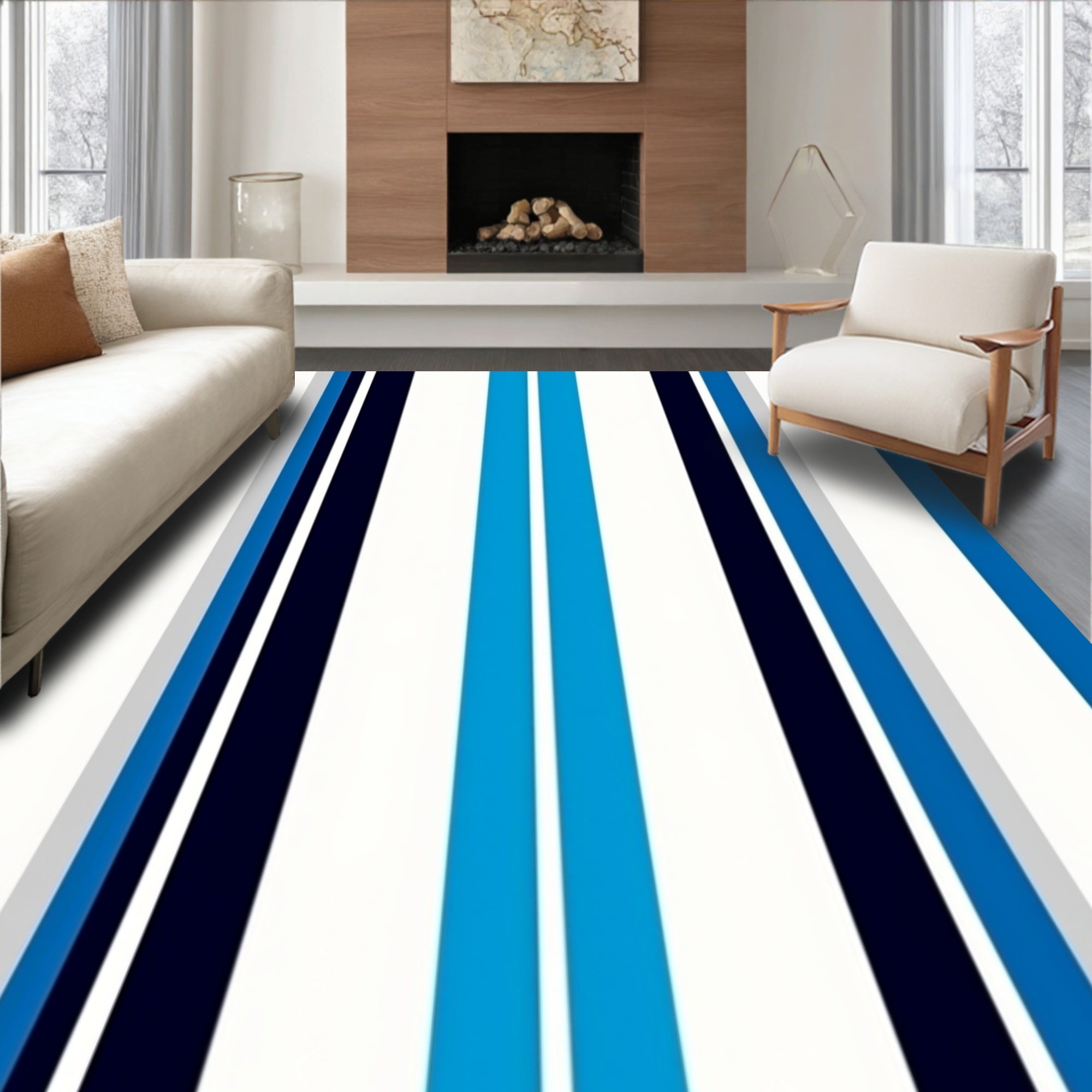 Bold Blue White Vertical Stripes Rug
