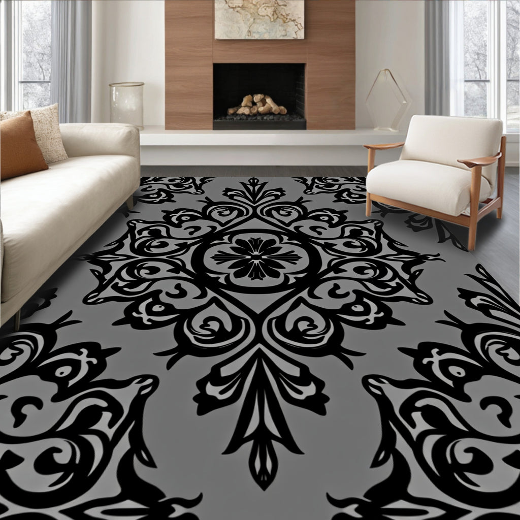 Ornate Black Damask Lace Pattern Rug