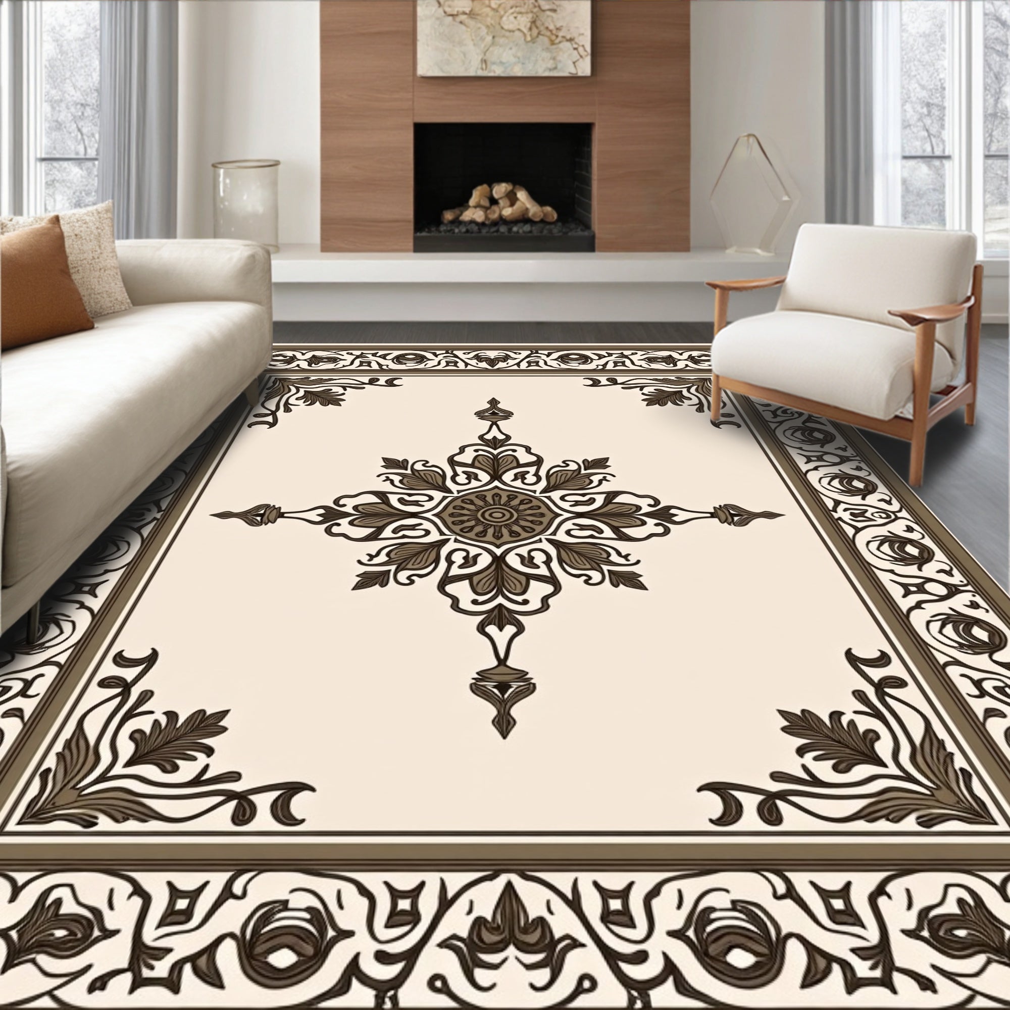 Elegant Floral Centerpiece Border Design Rug