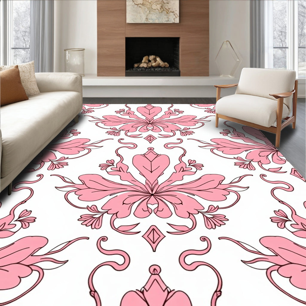Pink Floral Damask Patterned Rug