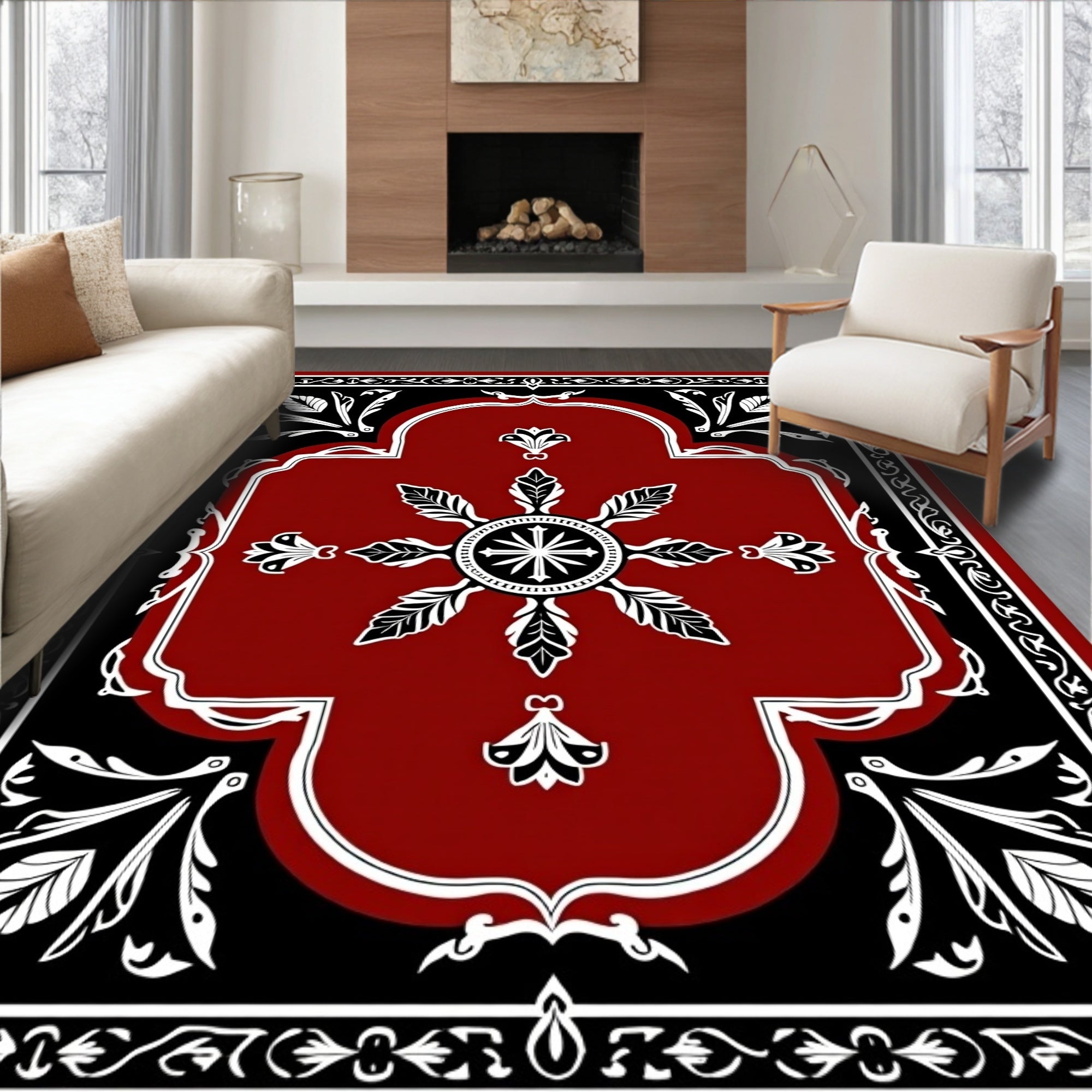 Elegant Red Black Floral medallion Design Rug