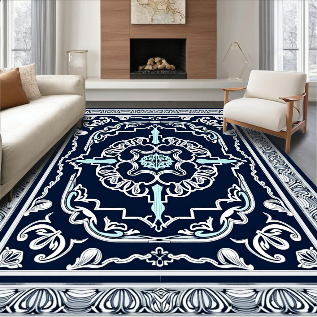 Elegant Navy Floral Mandala Design Rug