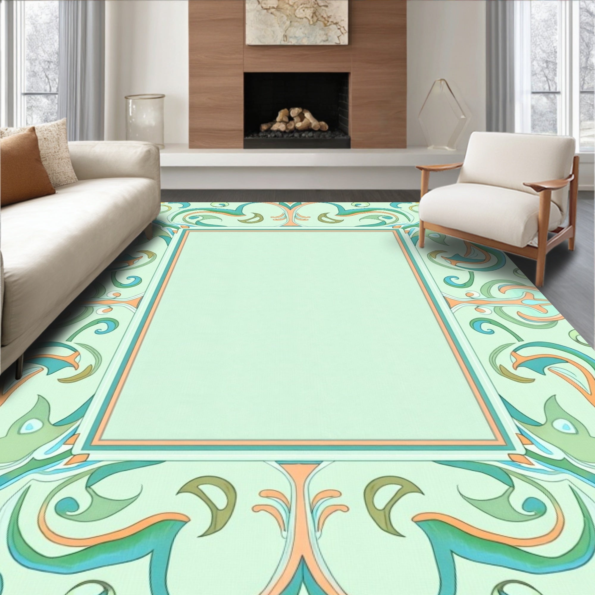 Serene Mint Green Floral Scroll Rug