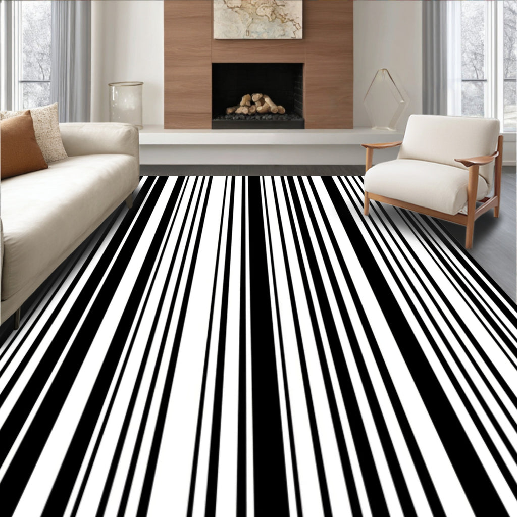 Bold Black White Striped Design Rug