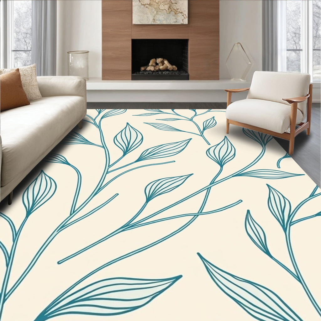 Teal Botanical Leaf Design Rug