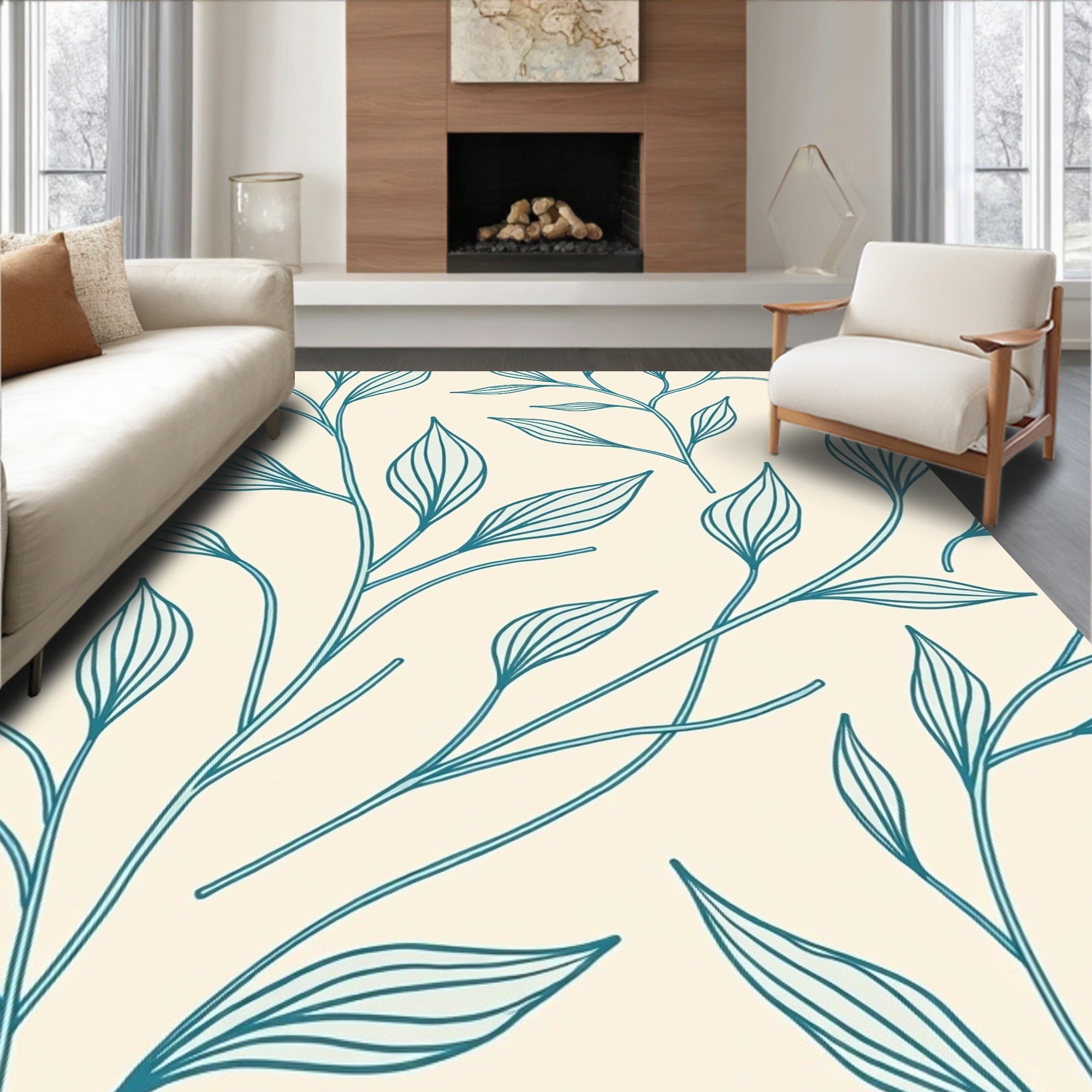 Teal Botanical Leaf Design Rug