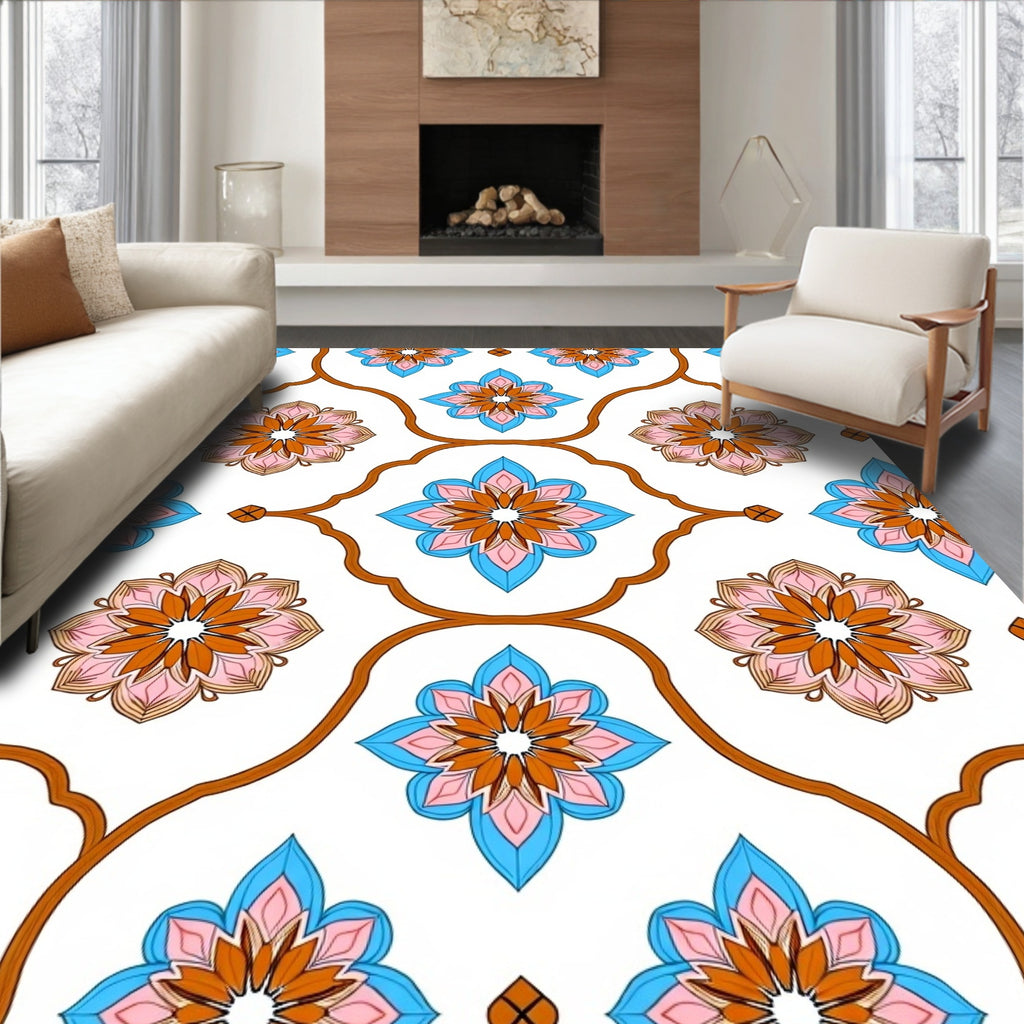 Orange Pink Blue Floral Pattern Rug